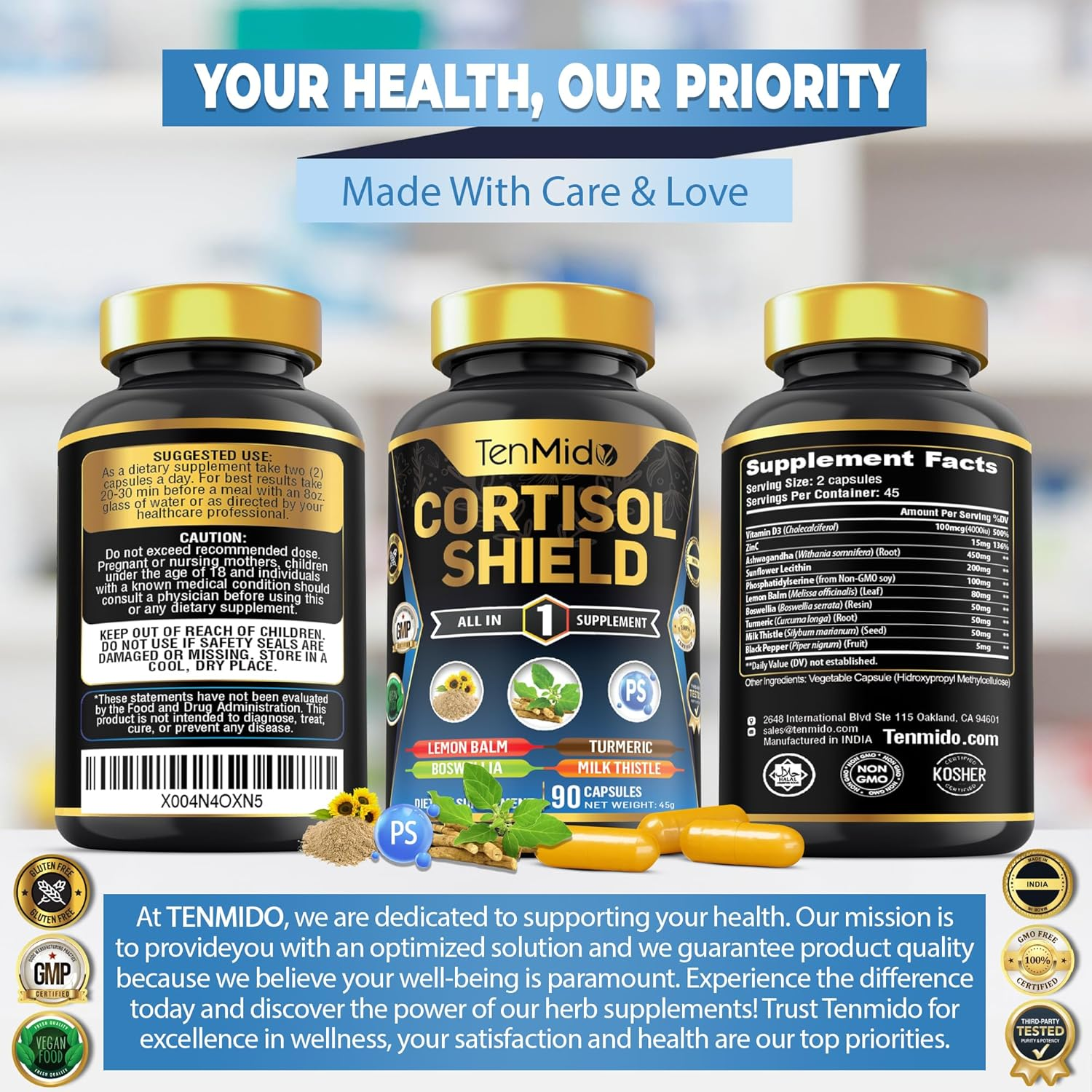 Cortisol Shield Supplement - 10In1 with Zinc, Vitd3, Ashwagandha, Sunflower Lecithin, Phosphatidylserine, Lemon Balm, Boswellia & More - 90 Vegan & Non-Gmo Capsules image number 3