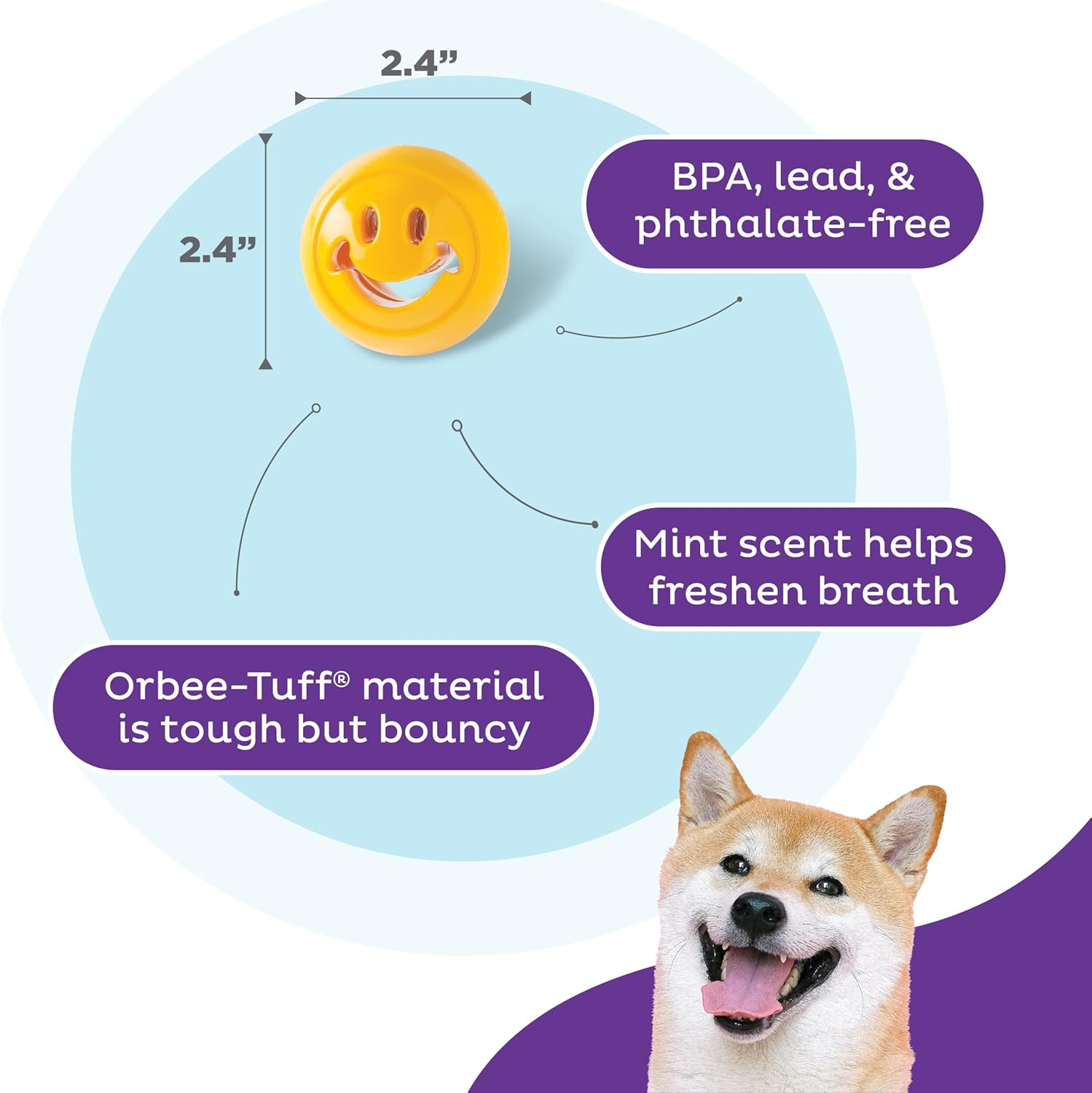 Planet Dog Orbee-Tuff Nooks Yellow Smiley Face Treat-Dispensing Dog Toy image number 3