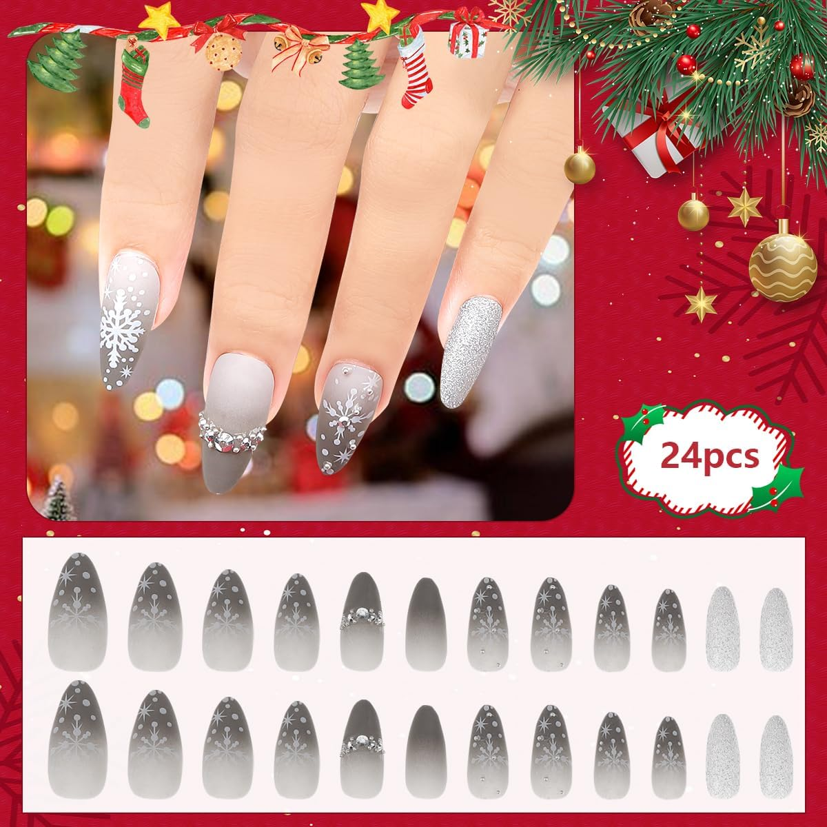 Vhxmaizxn Christmas Press on Fake Nails Full Cover Acrylic Nail False French Snowflake Grey Gradient Glitter Rhinestone Natural Matte Oval Women Girl Manicure with Gel 24 Pcs - French Short image number 6