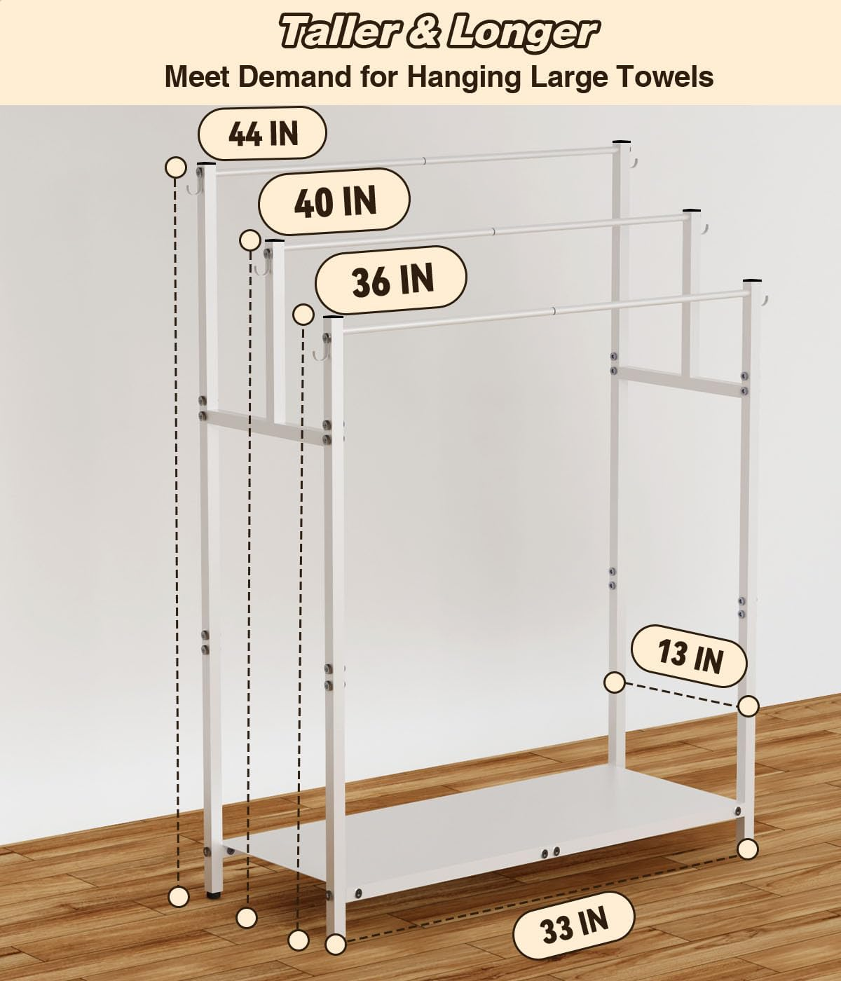 Mondazie 44&rdquo; Tall Free Standing Towel Racks with 6 Hooks for Bathroom, 3 Tiers Oversized Pool Bath Towels Drying Stand, Metal Blanket Ladder Holder with Storage Shelf for Bedroom Living Room, White - Black image number 3