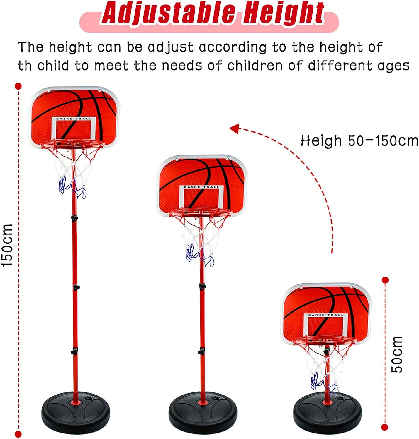 Aolkee 50Cm-150Cm Adjustable Indoor Outdoor Kids Basketball Hoop with 3 Balls Net Pump image number 1