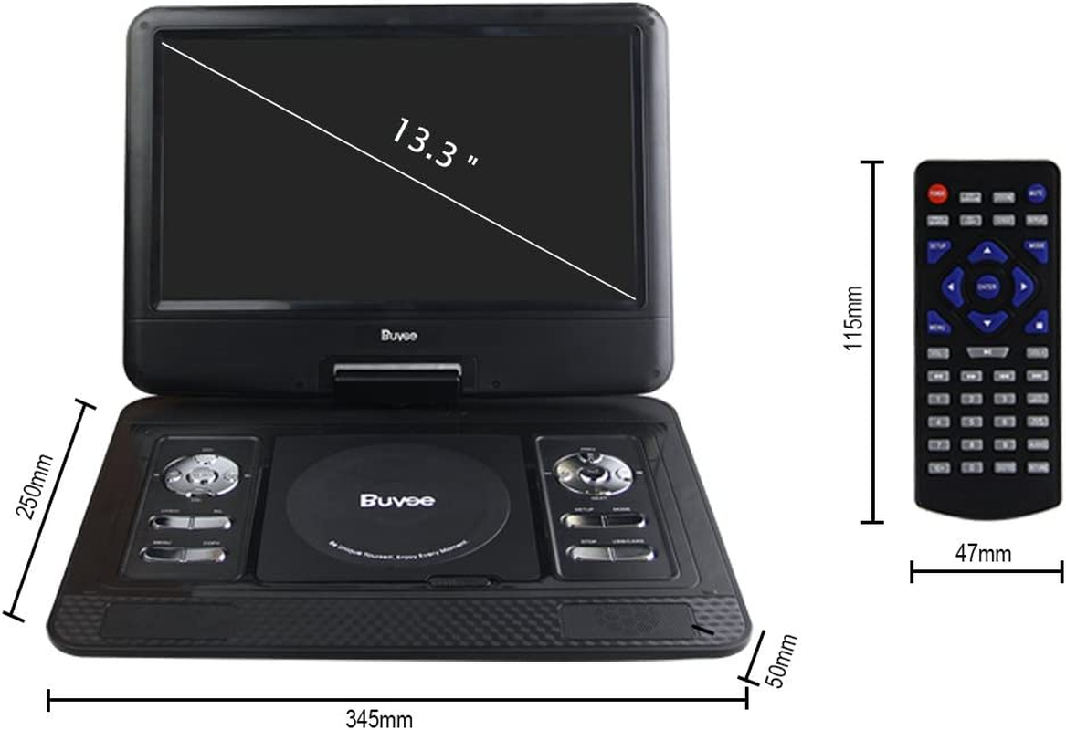 Portable DVD Player, Buyee 13.3'' Portable in Car DVD + ATV Player 270&deg; Swivel Screen USB SD + Free 300 Games CD (Black)