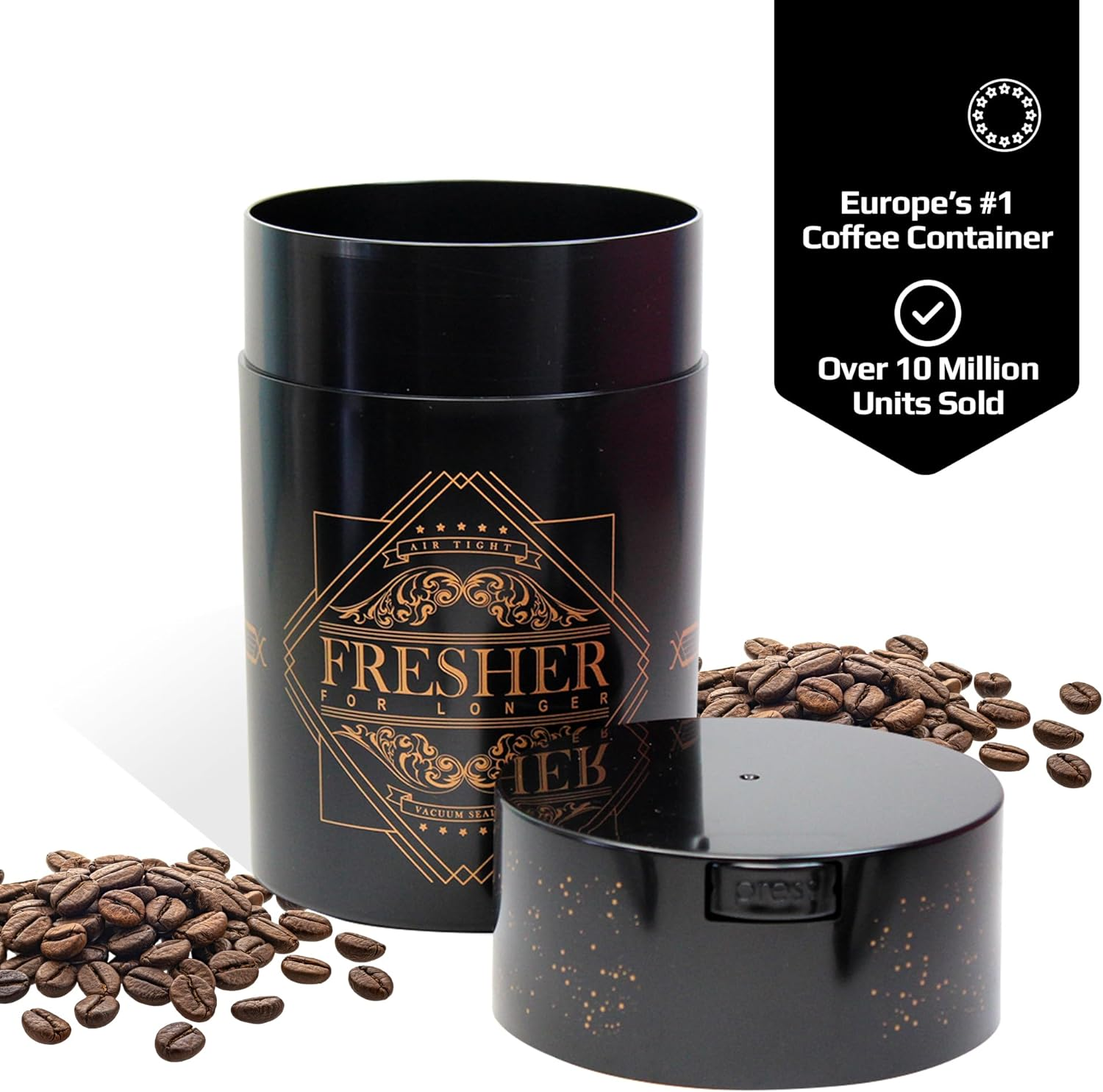 Coffeevac 1LB &ndash; Patented Airtight Container | Multi-Use Vacuum Container Works as Smell Proof Containers for Ground Coffee and Coffee Bean Containers. Black with Gold Logo image number 4