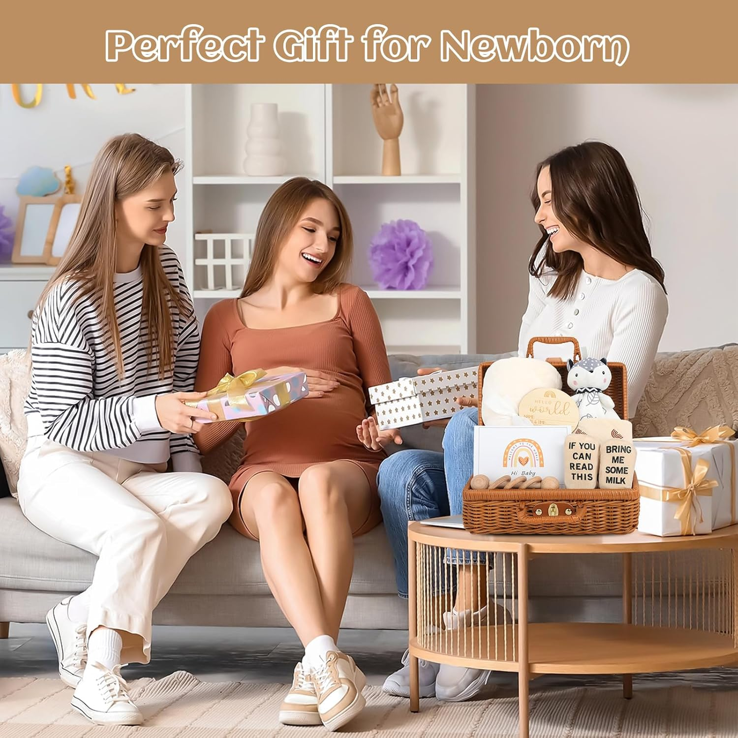 Omebel Baby Shower Gifts, 8PCS Newborn Baby Gifts for Girls Boys, Baby Lovey Blanket Wooden Rattle & Greeting Card with Baby Gift Basket image number 3