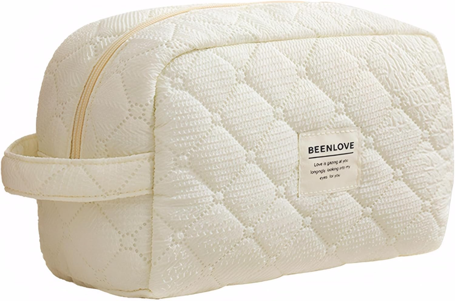 Quilted Cotton Makeup Bag Travel, Portable Toiletry Cosmetic Pouch Organiser (Off White) image number 6