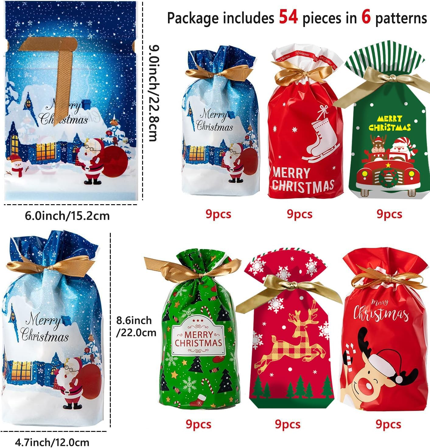 Christmas Candy Treat Bags, Fyvadio 48 Pcs Goodies Plastic Drawstring Gift Bags, Christmas Bag, Pouch Candy Bag, Treat Bag, Goody Bags for Candy Wrapper Birthday Christmas Party Favor Supplies