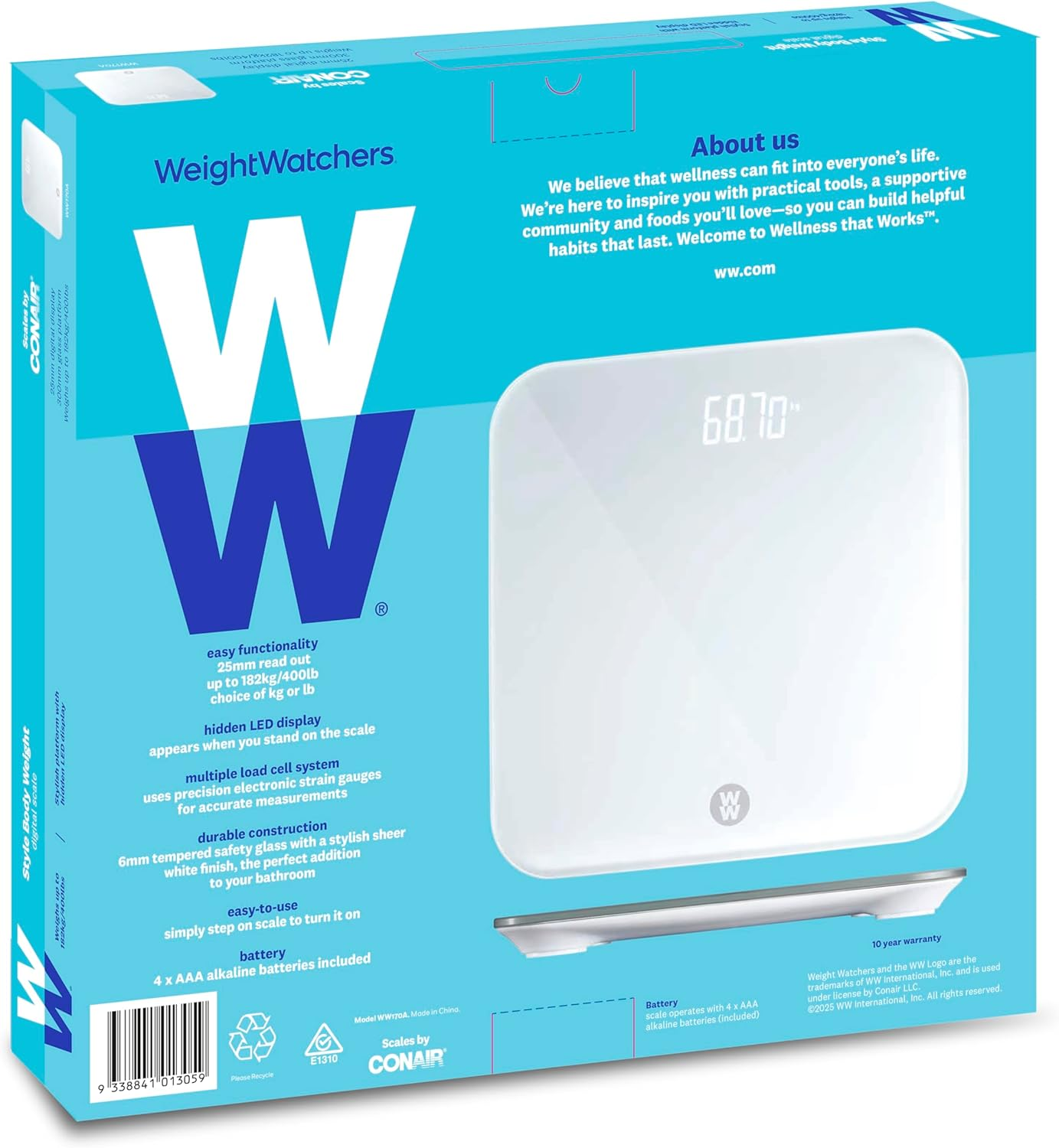 WW Style Body Weight Scale &ndash; Digital Bathroom Scale with Hidden LED Display, 30X30Cm Tempered Glass Platform, Sheer White Finish