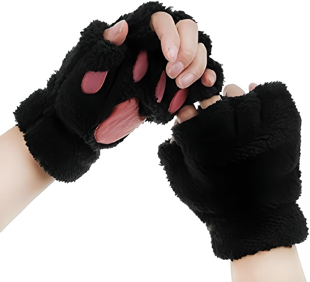 Himine Cat Claw Bear Paw Fingerless Winter Plush Gloves 1*Pair
