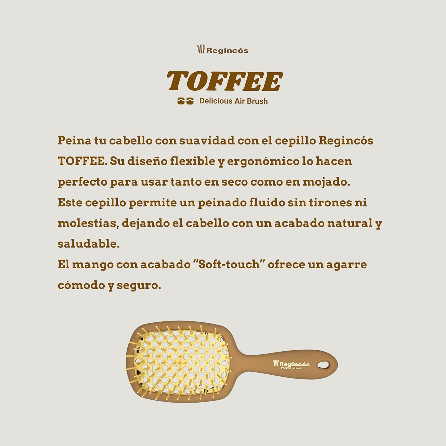 Reginc&oacute;s - Toffee Brush - Flexible - Anti-Tangling - Detangles - Dry and Wet Hair - Soft Touch - Brown Beige image number 2