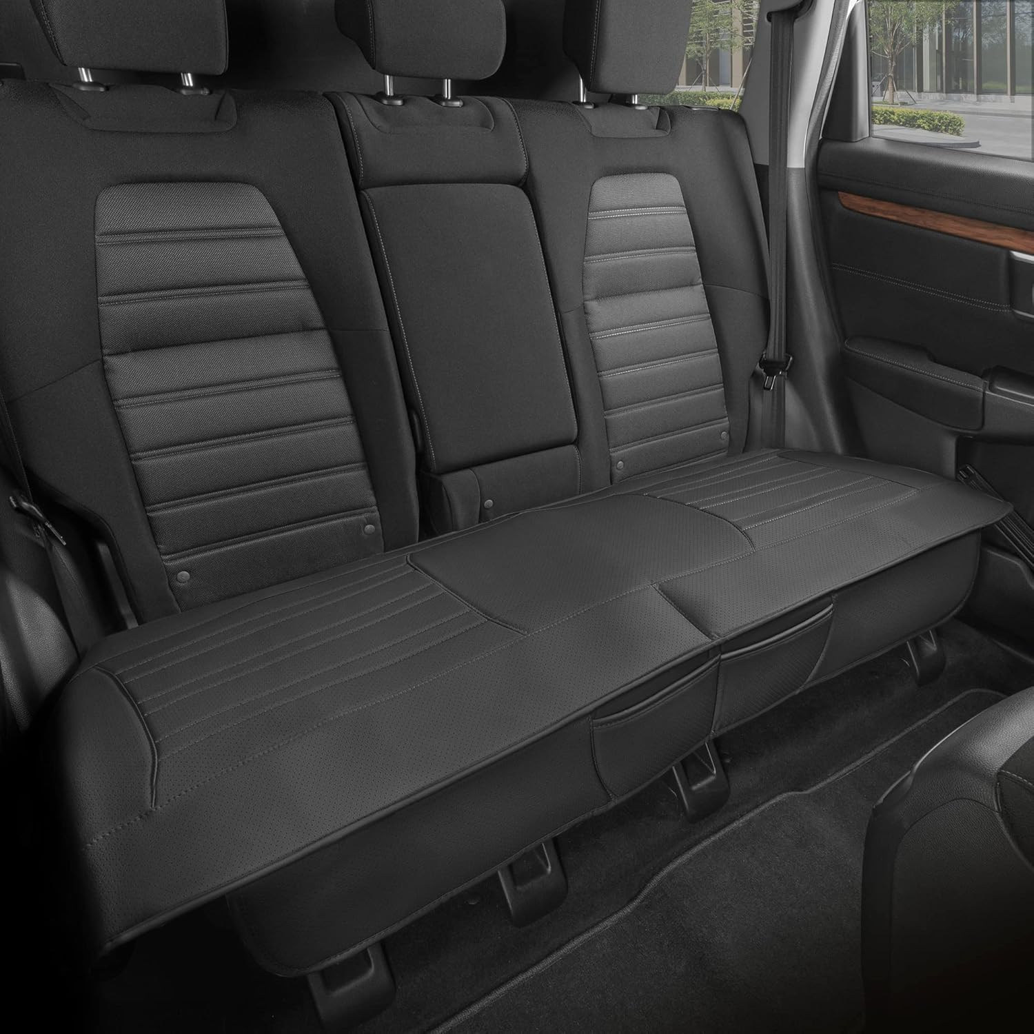 Motor Trend Faux Leather Padded Rear Bench Car Seat Cover with Storage Pockets image number 1