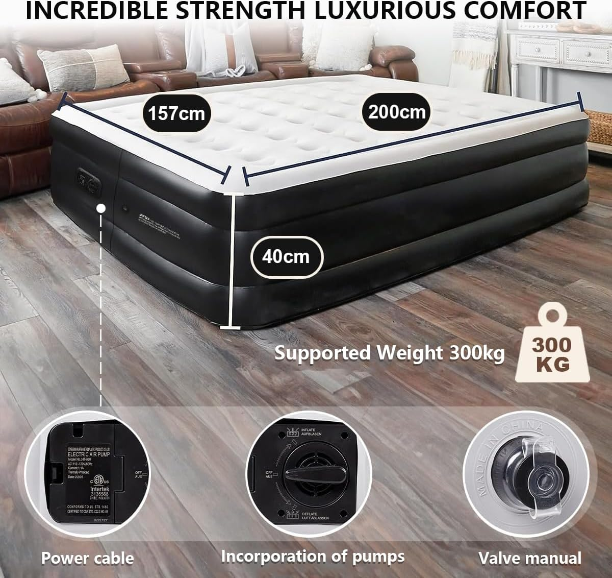 Queen Size Air Mattress,Built-In Air Pump,Automatic Inflating/Deflating PVC Waterproof Material,Skin-Friendly Flocking Surface,203&times;152&times;47Cm,300Kg MAX, Suitable for Family Camping image number 6