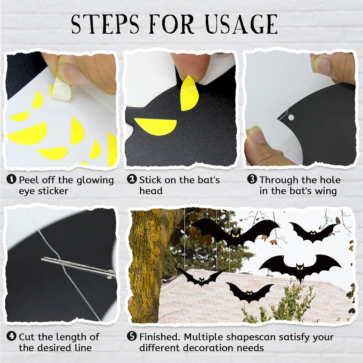 13 PCS Hanging Bats Halloween Decoration Outdoor Black Plastic Bats with Glowing Eyes Different Size Flying Bats Halloween Decor Hanging in the Tree, Porch, Yard, Lawn, Indoor image number 6