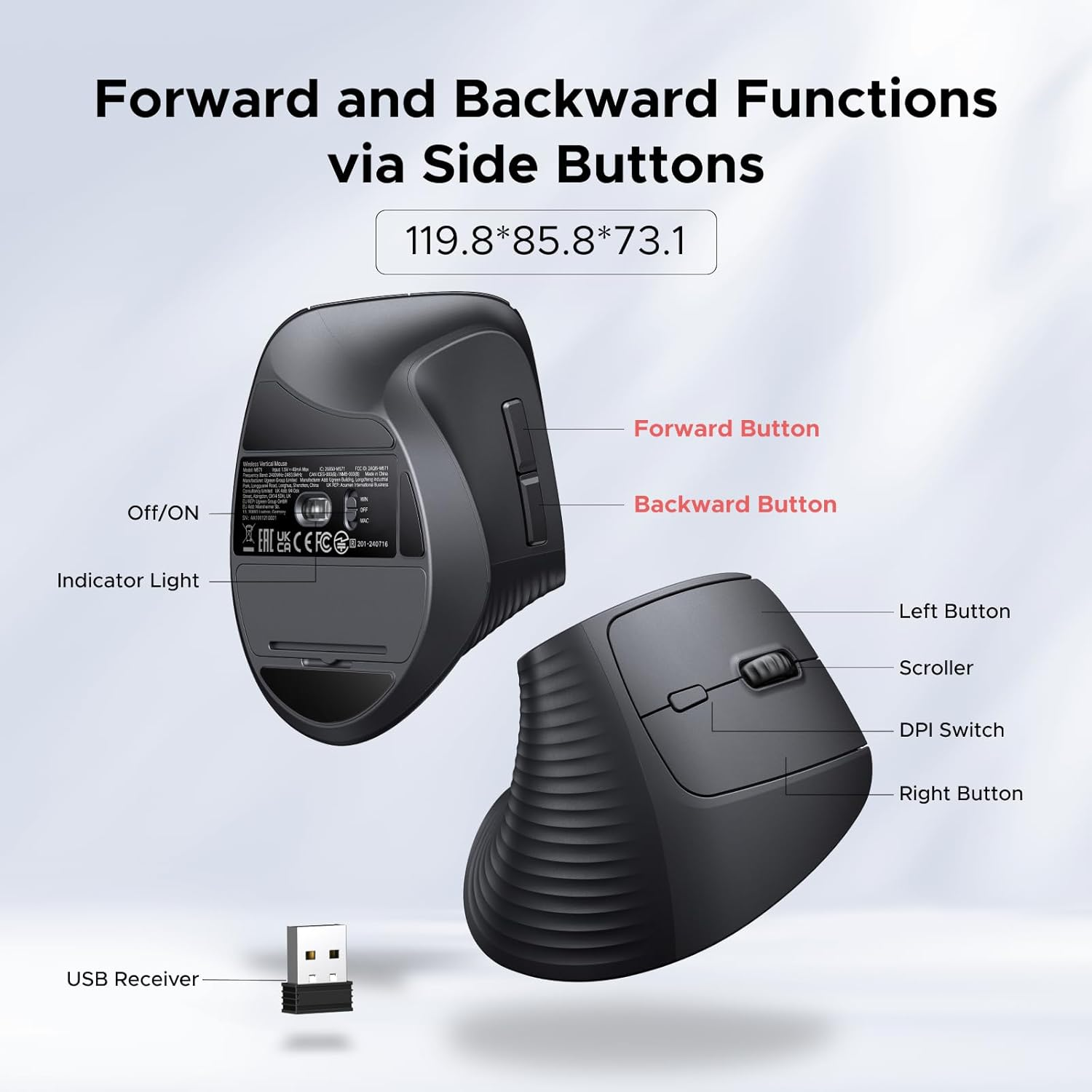 UGREEN Wireless Ergonomic Vertical Mouse, Bluetooth & 2.4G, 4000DPI Optical Tracking, 57&deg; Ergonomic Angle, 6 Buttons, 4 Adjustable DPI Levels Silent for Laptop, Macbook, Chromebook, Desktop image number 5