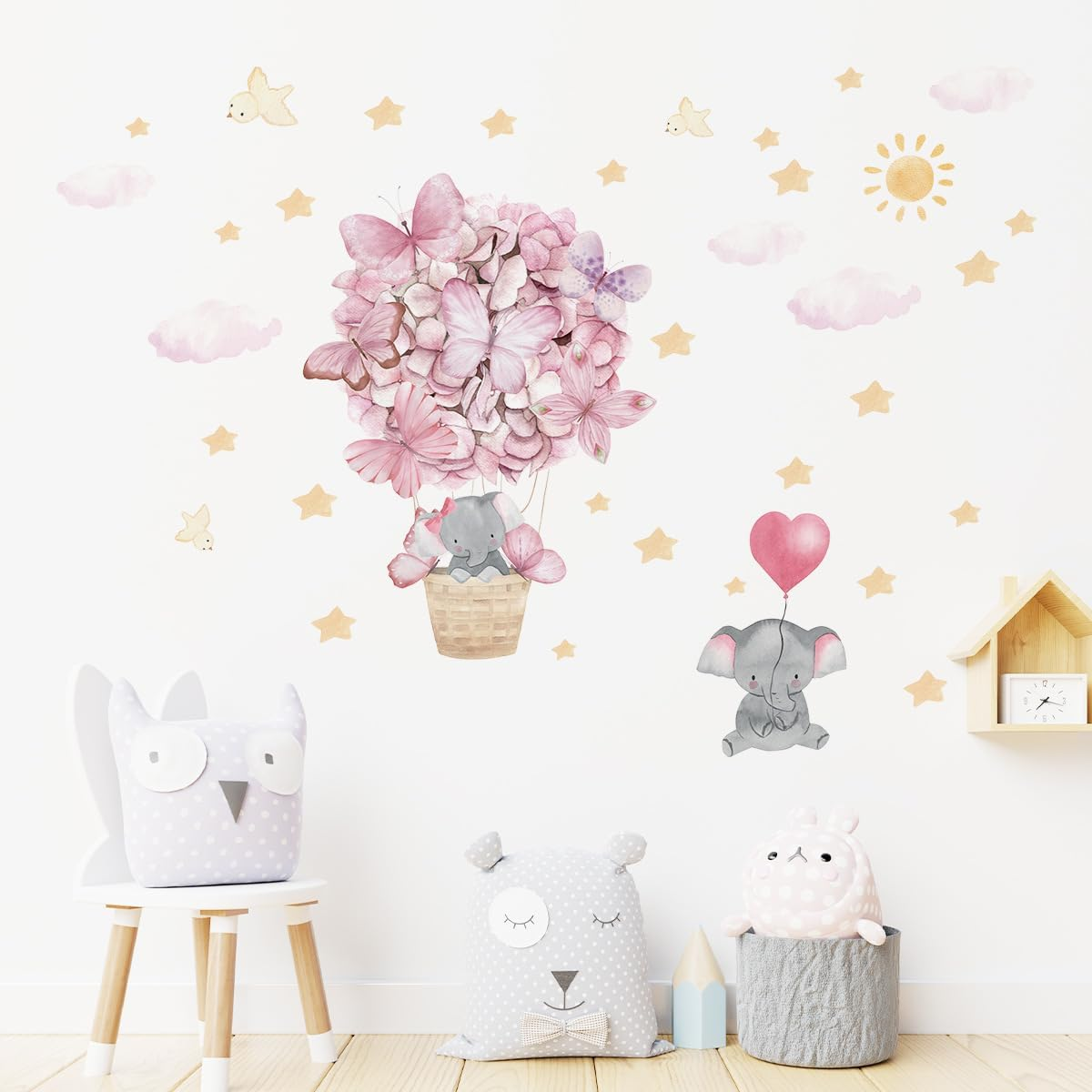 Pink Butterfly Hot Air Balloon Elephant Wall Decor for Baby Girl Room Star Cloud Nursery Wall Decal Stickers