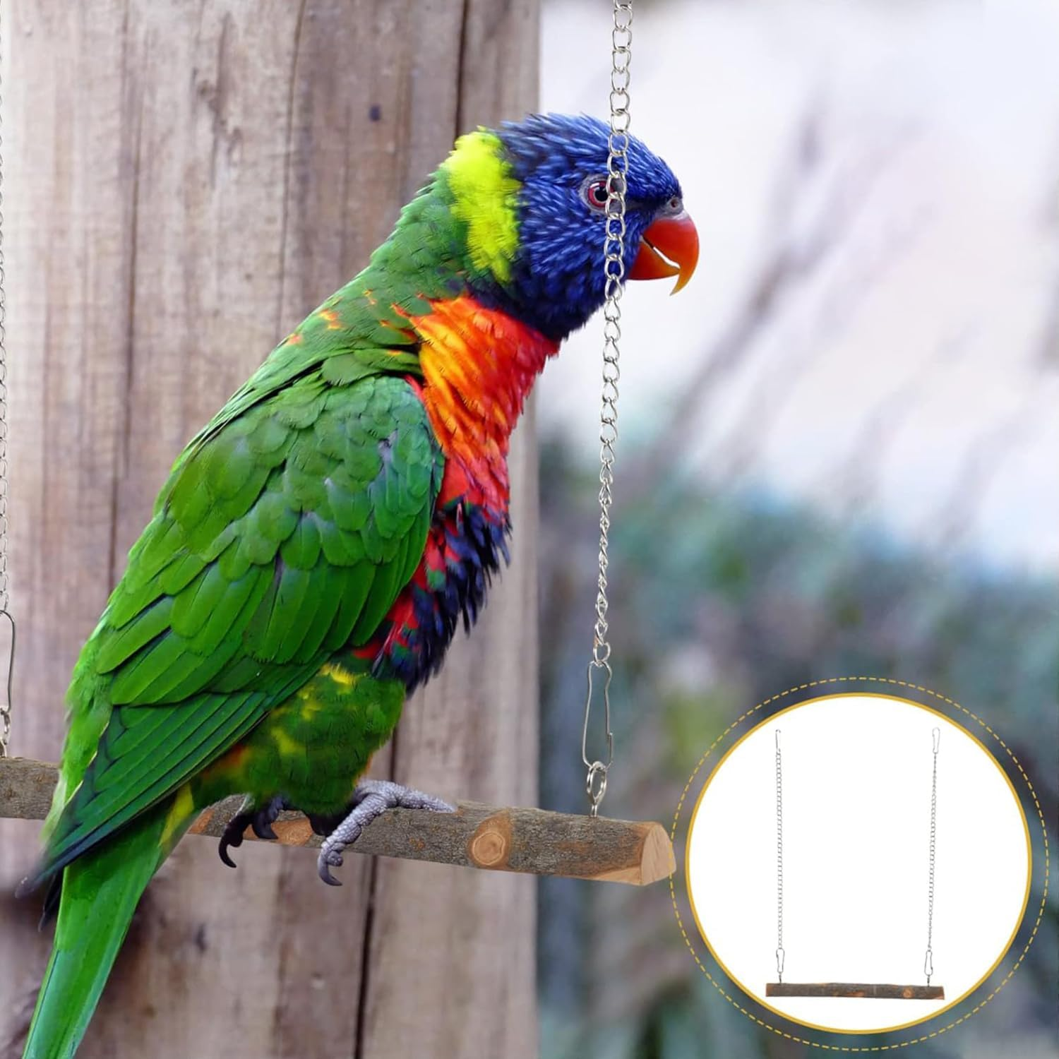 Lexziuo 1PCS Natural Wood Bird Cage Swing - Safe Chewing Perch Toy for Parakeets, Parrots & Cockatiels, Fun Training Stand with Wooden Beads for Budgies & Small Birds Interactive Play