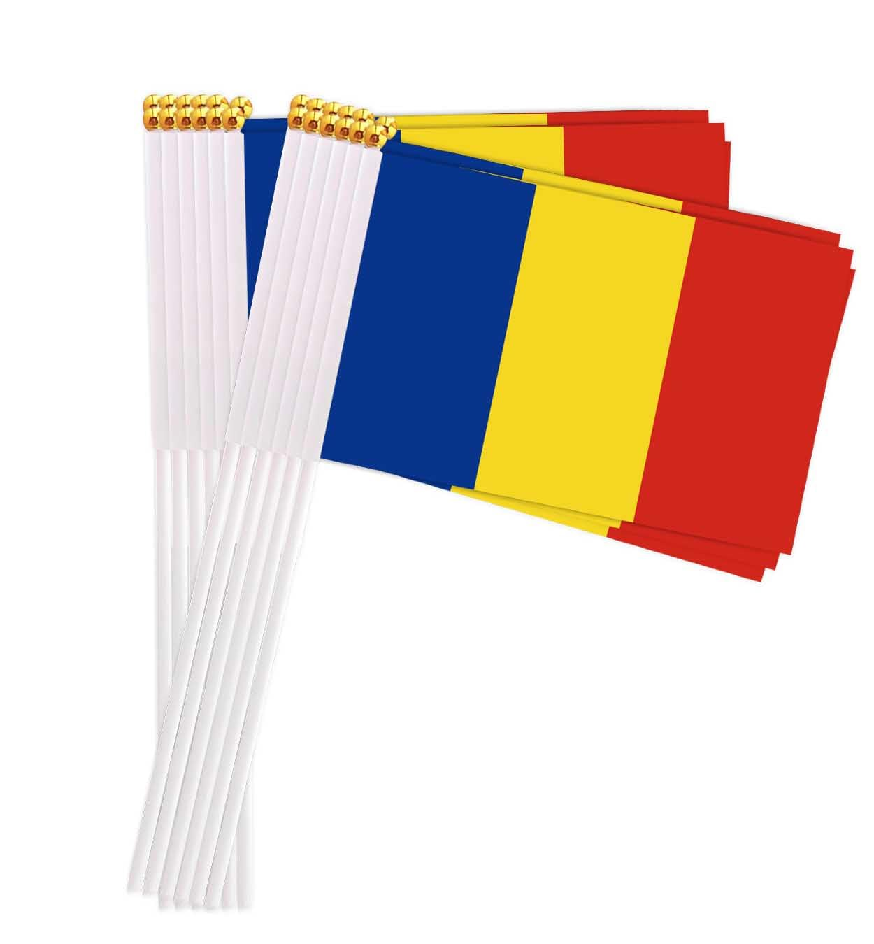 25 Packs Small Romania Flags on Handheld Stick，Miniature Romanian Flag for Outside,4X6 Inch Mini Hand Held Banner with Golden Topper,Patriotic Decorations image number 1