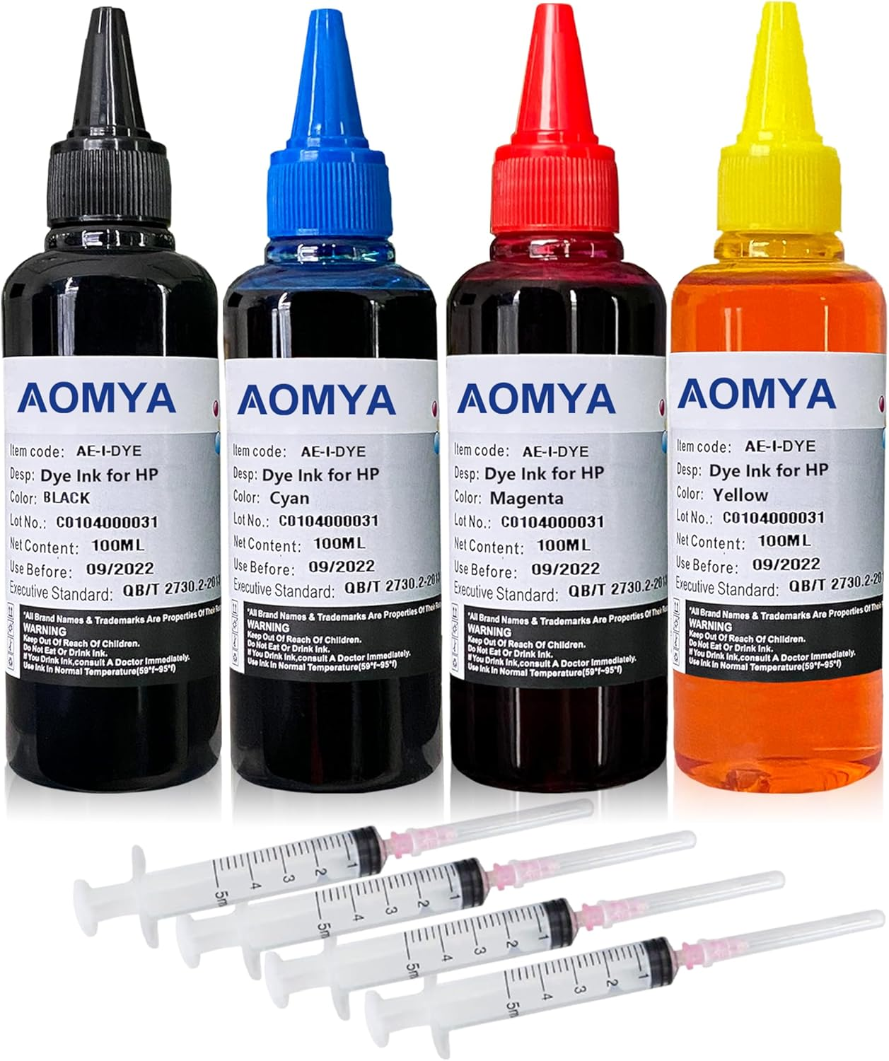 Aomya 5X100Ml Ink Refill Kit for HP 61 60 62 63 950 951 564 920 901 Inkjet Printer Cartridges Refillable Cartridge CIS CISS System with 4 Free Syringes (2 Black, 1 Cyan, 1 Magenta, 1 Yellow)