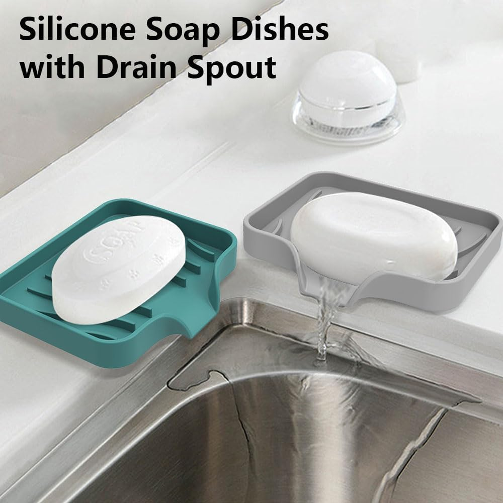Vekol Soap Dishes with Drain Spout, 2PCS Silicone Soap Holder Waterfall Drainer Soap Saver, Sponge Holder, Dish Soap Tray for Shower, Bathroom, Kitchen, Bath Tub, Razor (Grey + Grey) image number 2
