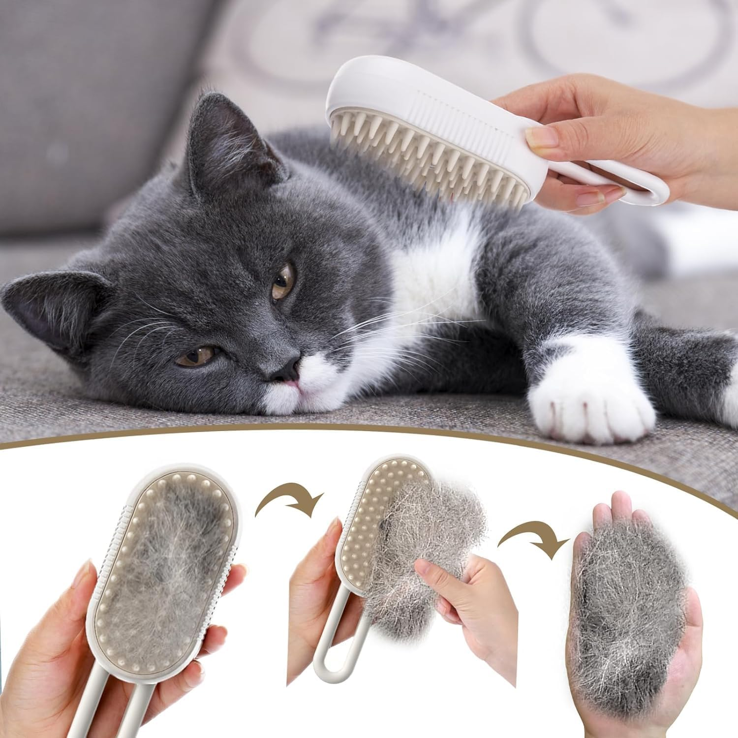 Steam Brush Cat Brush with Steam Pet Spray Massage Comb 3-In-1 Steam Brush Multifunctional Steam Brush Pet Hair Removal Comb Steam Brush Dog (Porcelain White) image number 6