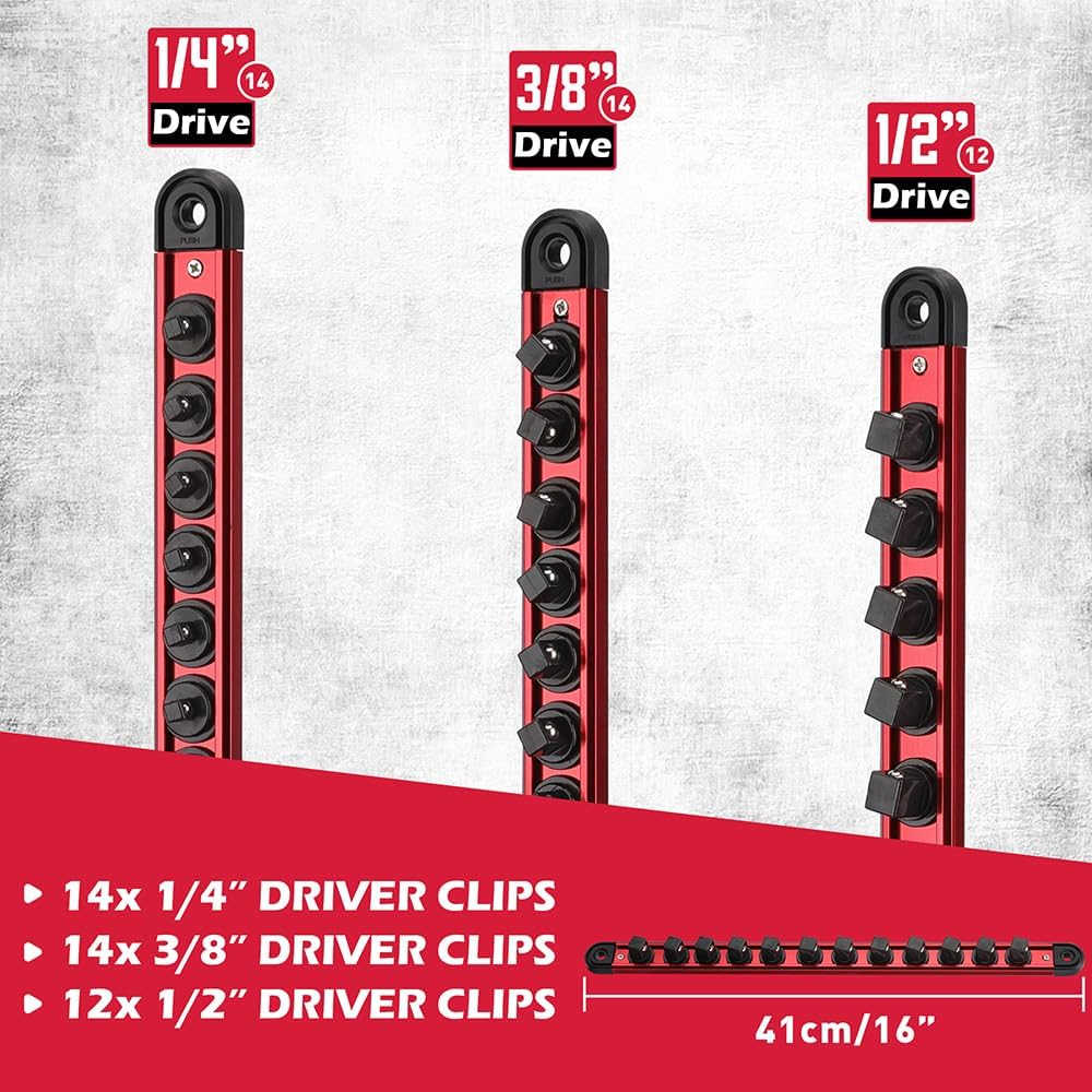 SEDY 3-Piece Magnetic Socket Organizer Tray Set, Aluminium Tool Rail Holder with 1/4", 3/8", 1/2" Drive Clips, Socket Rack for Toolbox Wall Mount Storage image number 2
