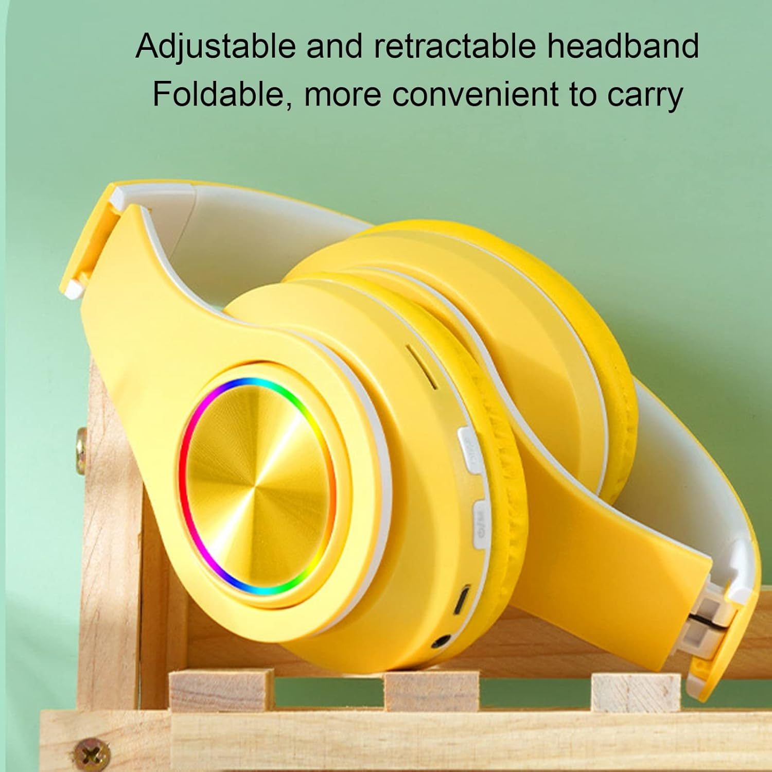 Active Noise Cancelling Headphones,Bluetooth 5.0 Foldable Wireless over Ear Headphones,Rgb Colorful Light Headset,Pu Leather Earmuffs Earphone,For Boys,Girls(Yellow) - Green image number 7