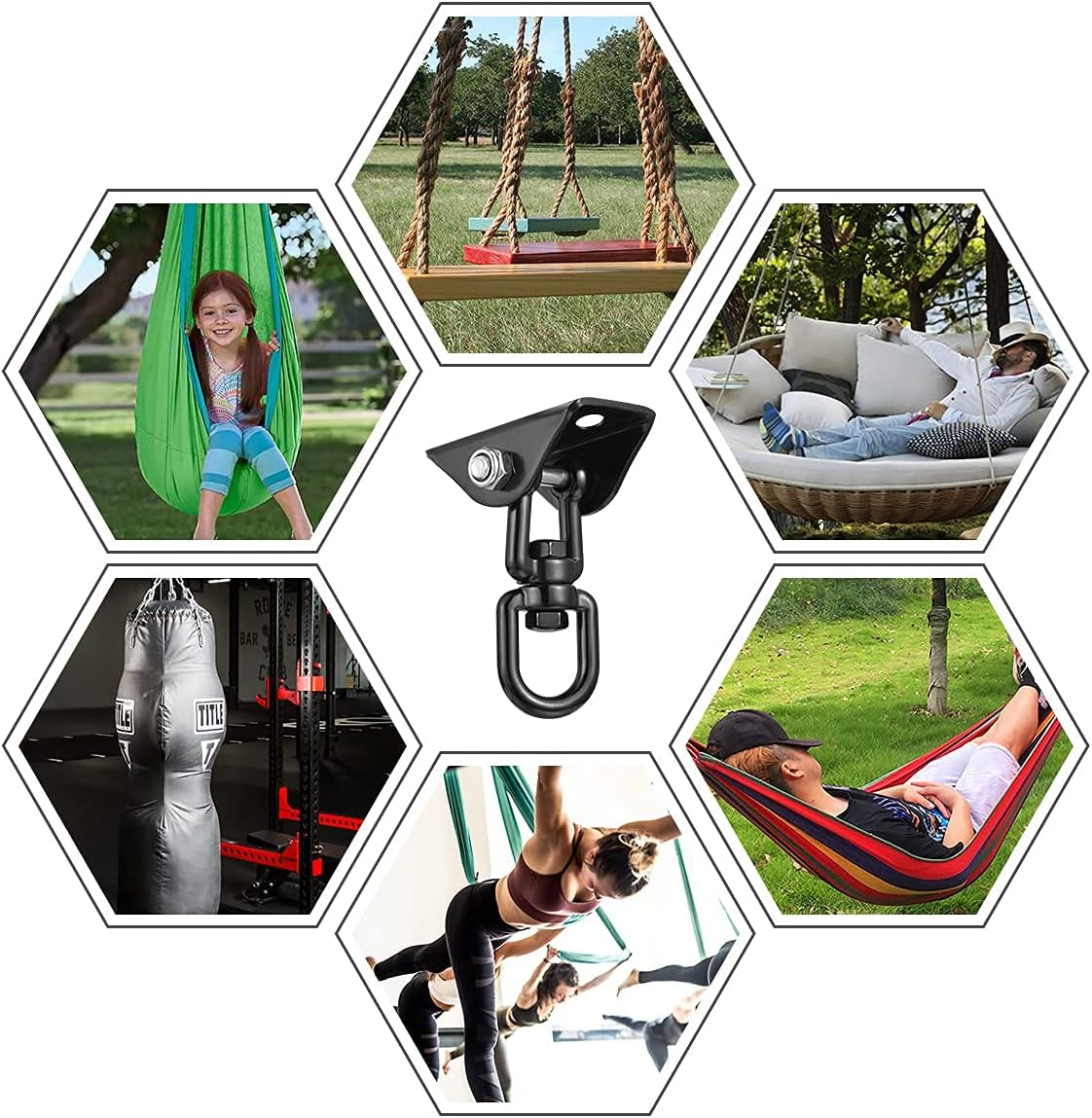 Hammock Hanging Kit,360&deg;Rotating 1200 Lb Capacity Heavy Duty,Hanger & Swing Hook Snap for Concrete Wood,Hammock,Veranda Seat,Chair,Swing Sets,Yoga and Gym（Without Chain ） - Black+Chain image number 7