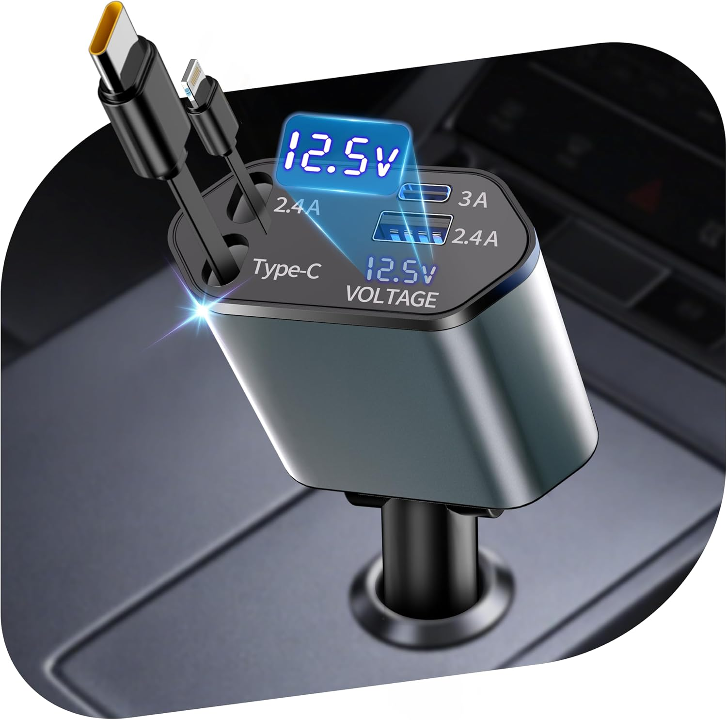 Retractable 120W USB-C Car Charger, 4 in 1 Cigarette Lighter Adapter W/Voltage Display, Type-C 100W + Lightning 20W Fast Charging, for Iphone 16 15 14 13 12/Ipad/Android, DC12/24V Vehicles image number 2
