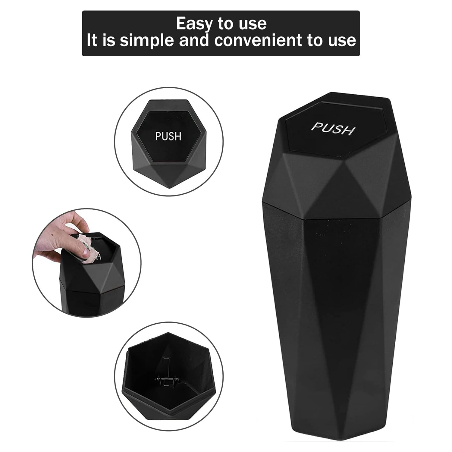 JUSTTOP Car Trash Can with Lid, Diamond Design Small Automatic Portable Trash Can, Easy to Clean, Used in Car Home Office Interior Accessories, 2PCS (Black) image number 2