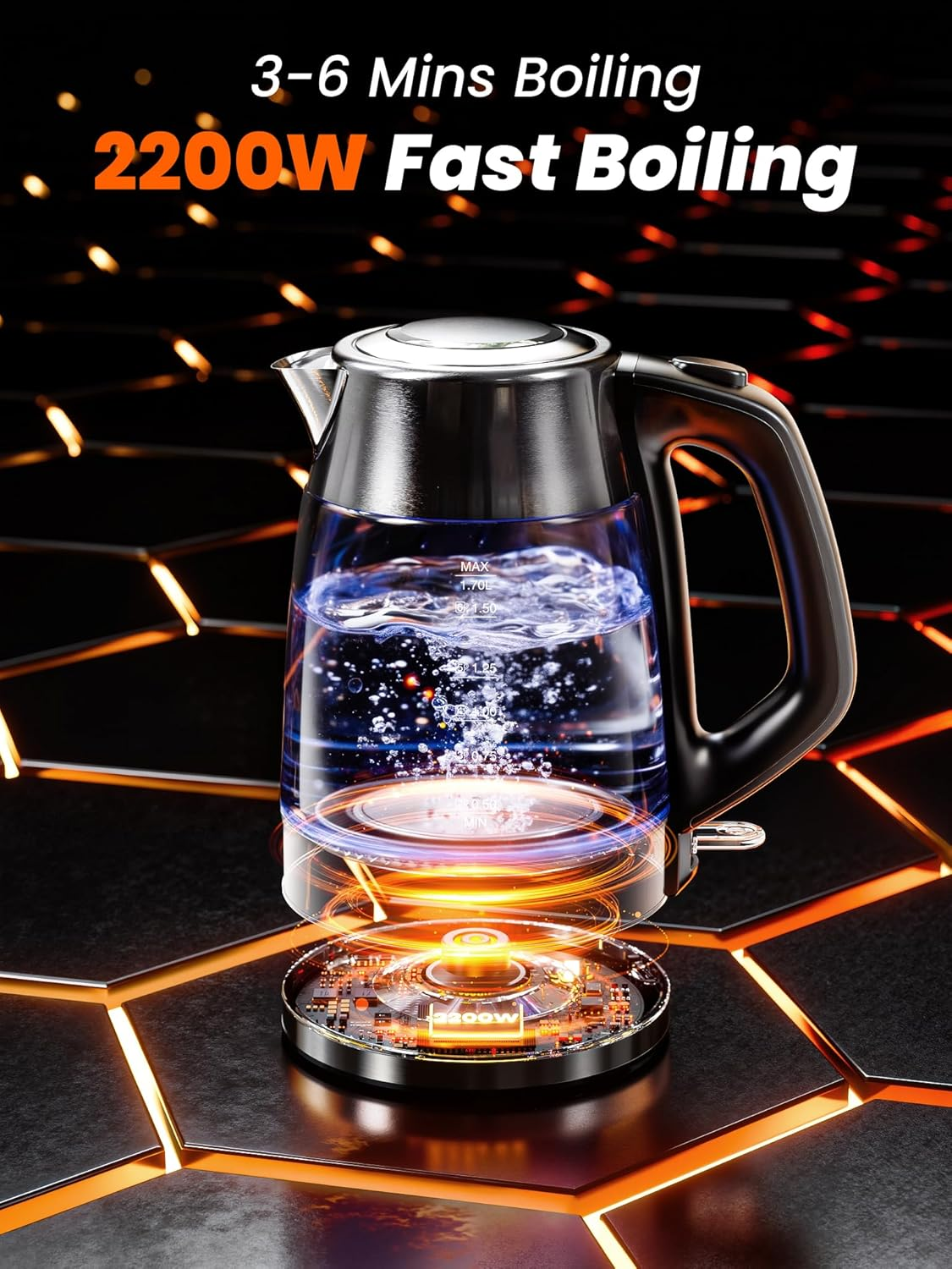 AUSELECT Electric Kettle - 1.7L Glass Kettle 2200W Stainless Steel Filter Spout, Quick Water Boiler Wiith Borosilicate Glass, Fast Boiling Water Kettles for Coffee & Tea, BPA Free, Automatic Shut Off image number 6