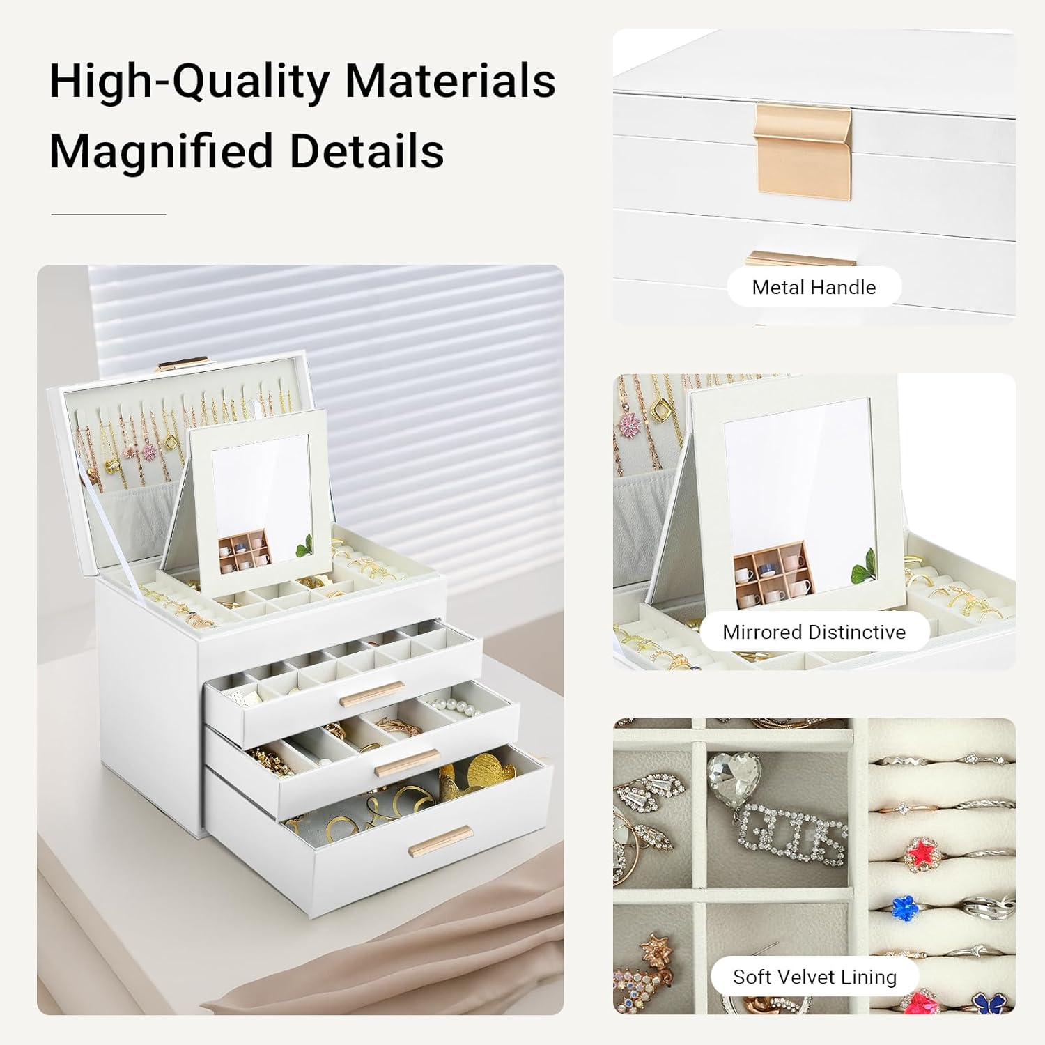 LIAN Large Jewelry Box Organizer 4 Layer Jewelry Holder Organizer with Mirror Leather Jewelry Case for Necklace Earrings Bracelet Storage for Women Girls(4 Layer White) image number 5
