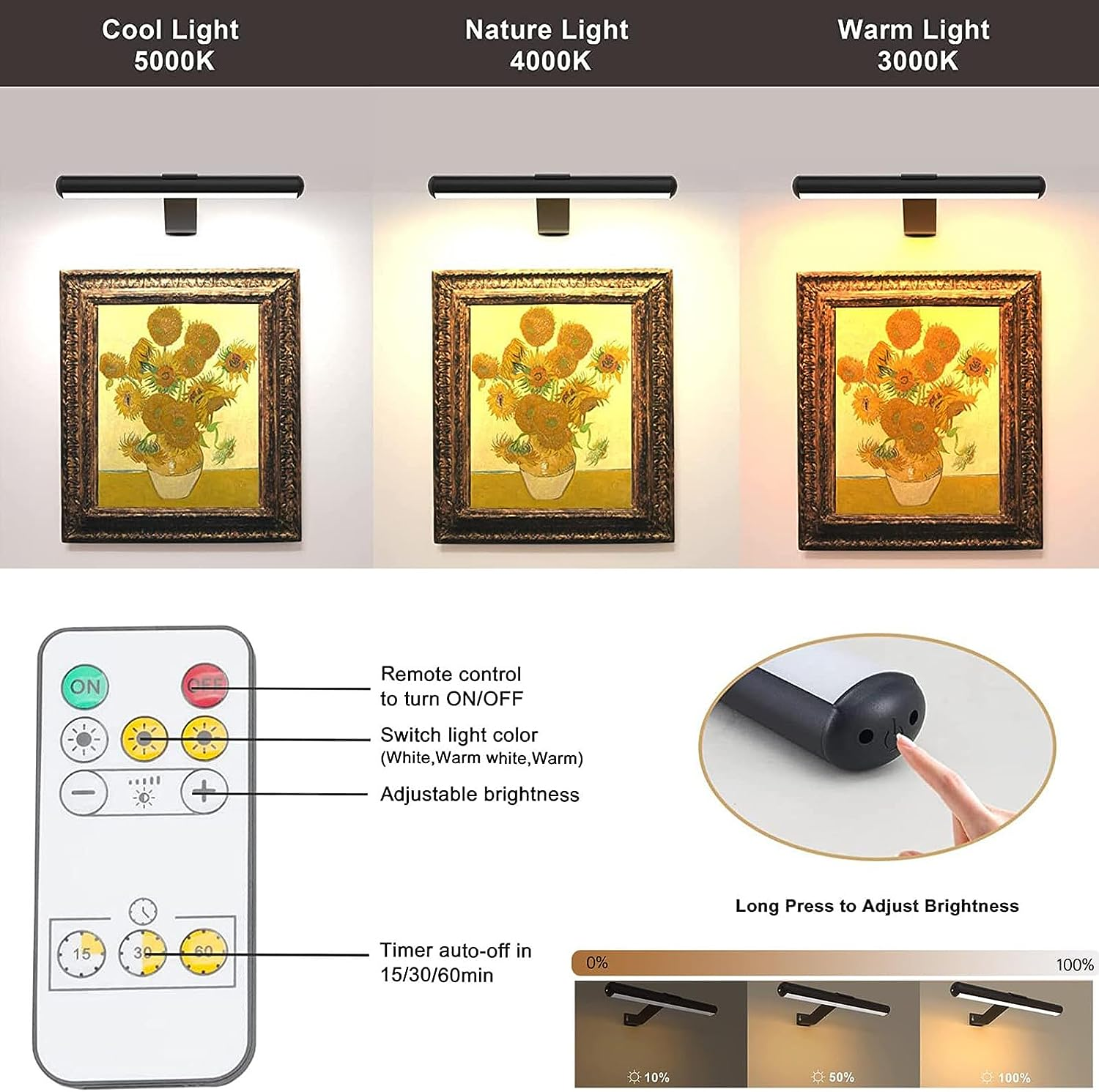 4000Mah Wireless LED Picture Lighting, 3W Rechargeable Wall Light, Dimmable Light with Touch & Remote, 300LM Display Lamp with Timer for Picture Frame Art Dartboard Gallery Mirror image number 6