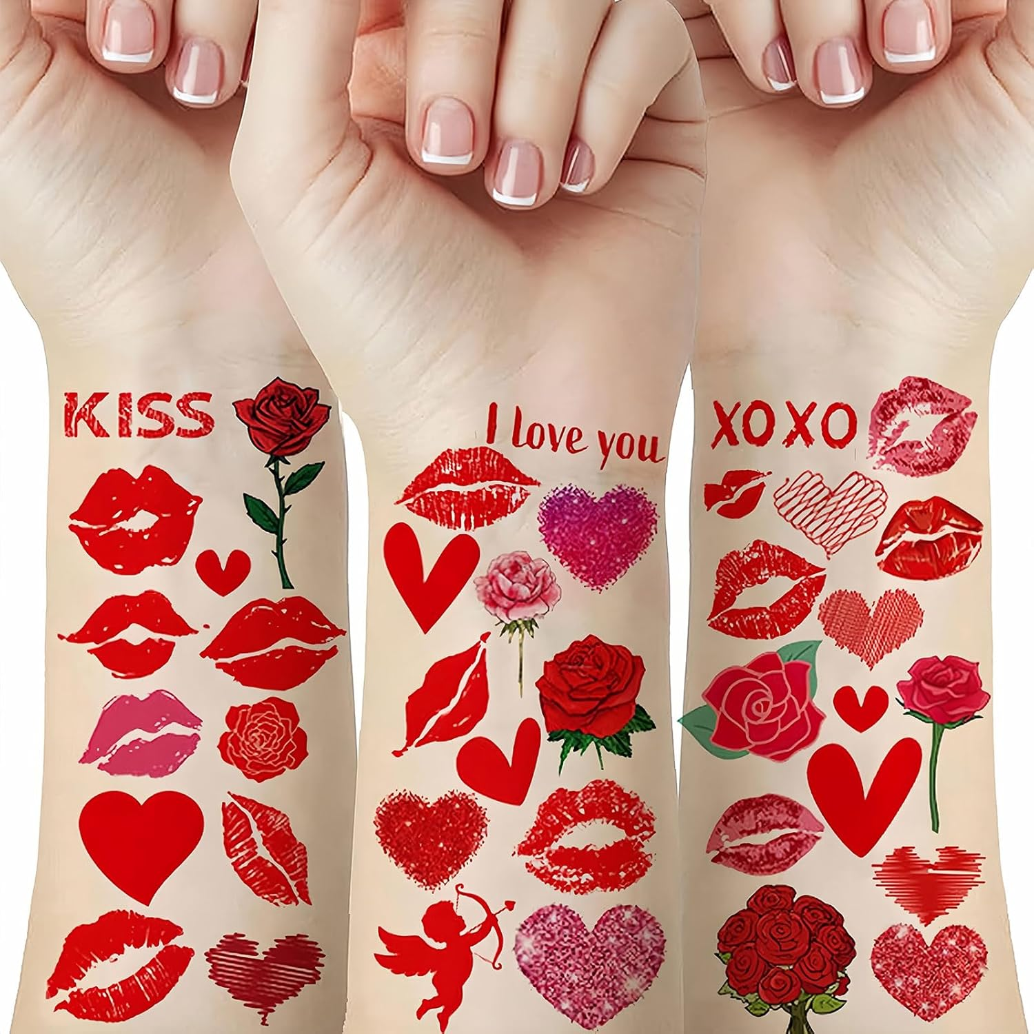 HATOTO Valentines Day Temporary Tattoo for Adult Kids, Red Heart Lip Fake Tattoos, Love Rose Line Hearts Tattoo Stickers, Semi Permanent Tattoo for Women Valentines Wedding Decoration 10 Sheets
