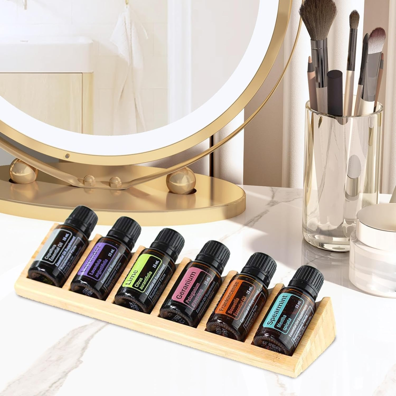 6 Slots Fragrance Organizer, Fragrance Oil Display Rack, Oil Bottles Tabletop Holder, Aromatherapy Bottle Display, Perfume Bottle Organizer, Tabletop Oil Display Stand, Oil Rack for Countertop image number 1