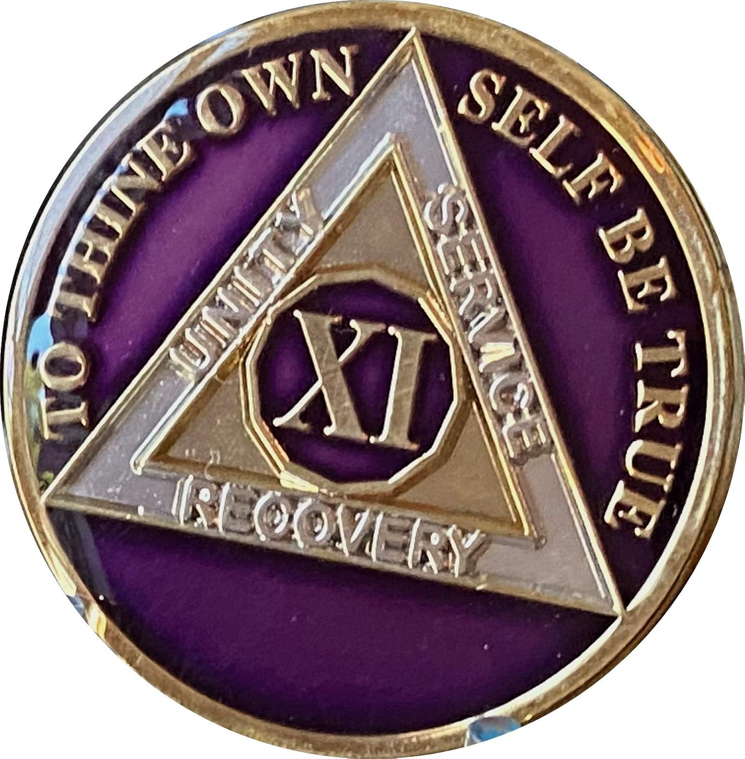 11 Year AA Medallion Metallic Purple Tri-Plate Sobriety Chip Serenity Prayer Back