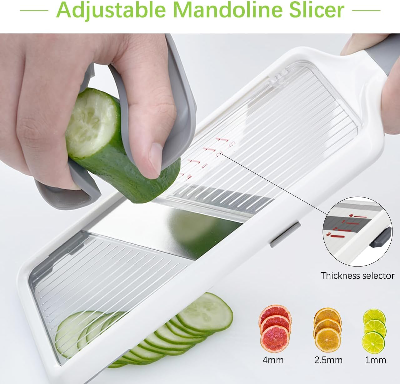 YAMJUG Handheld Mandoline Slicer, Kitchen Slicer with Adjustable Stainless Steel Blade and Food Holder,Easy to Clean, Good Grip Fruits and Vegetable Cutter image number 5