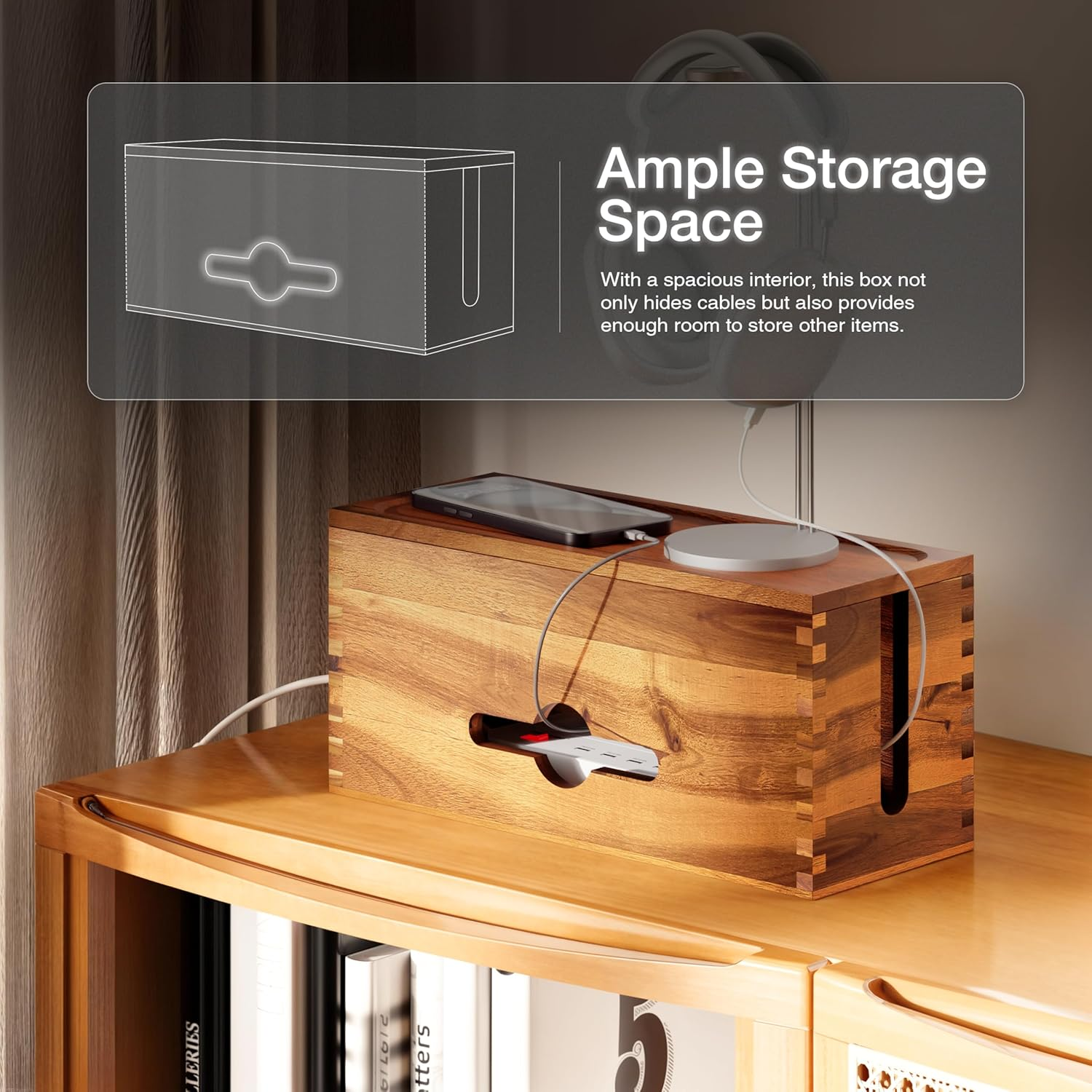 Acacia Cable Management Box - Cable Organizer Box and Power Strip Box for Electrical Cord Management - Desk Cord Hider and Floor Cable Management (Acacia, 15" Length) image number 4