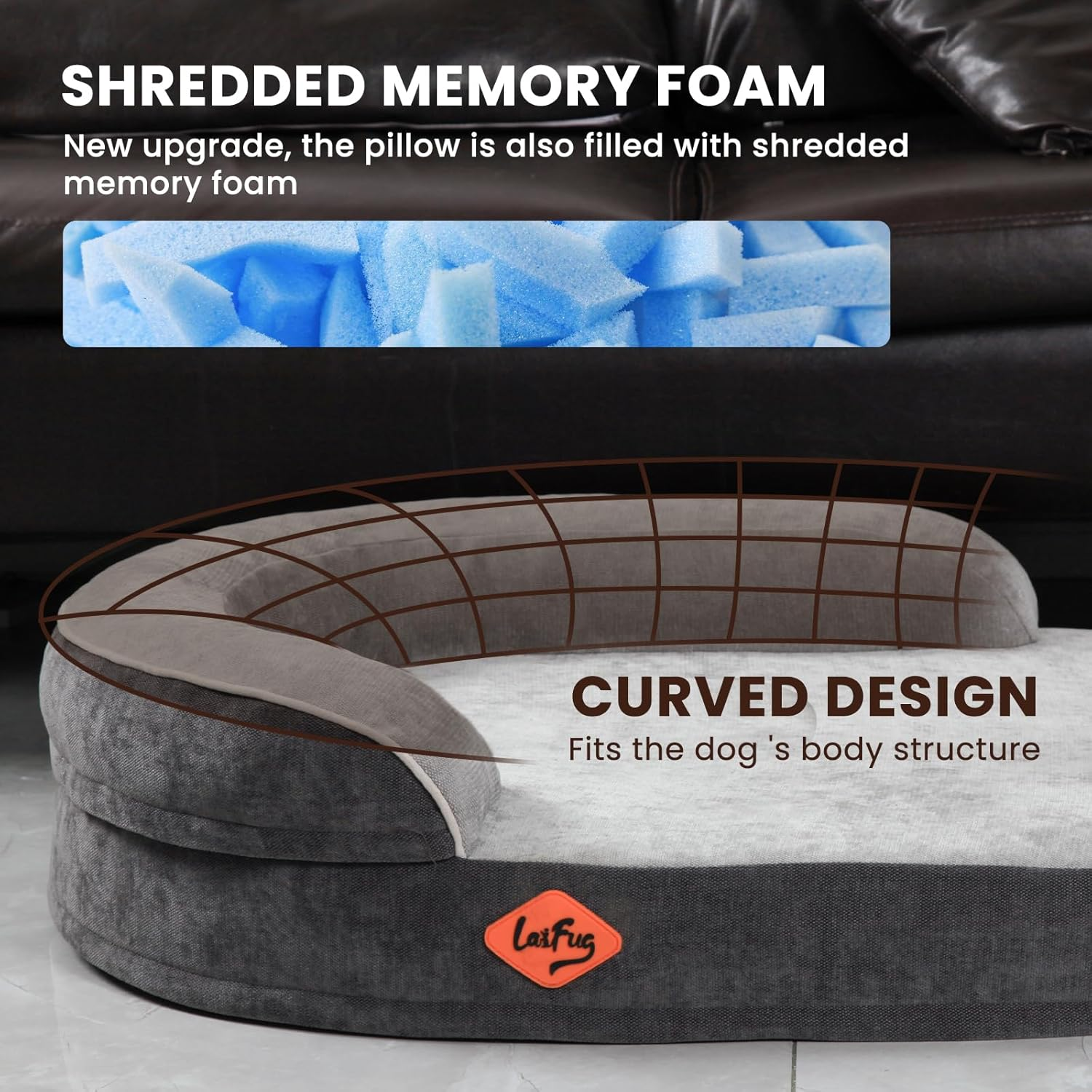 Laifug Memory Foam Oval Dog Bed (44X30X9Inches, Grey), Orthopedic Dog Bed for Dogs with Durable Waterproof Liner & Removable Washable Cover & Nonskid Bottom image number 1