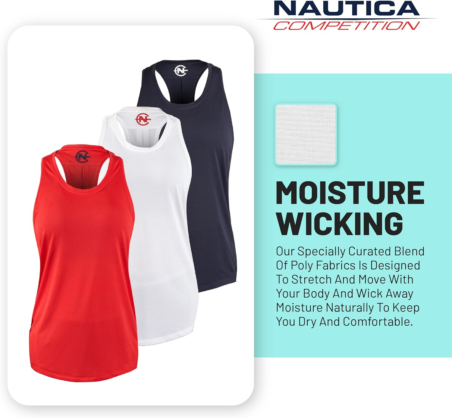Nautica Competition 3 Pack Workout Tank Tops for Women Active Athletic Gym Workout Running Exercise Yoga Dry-Fit Fabric