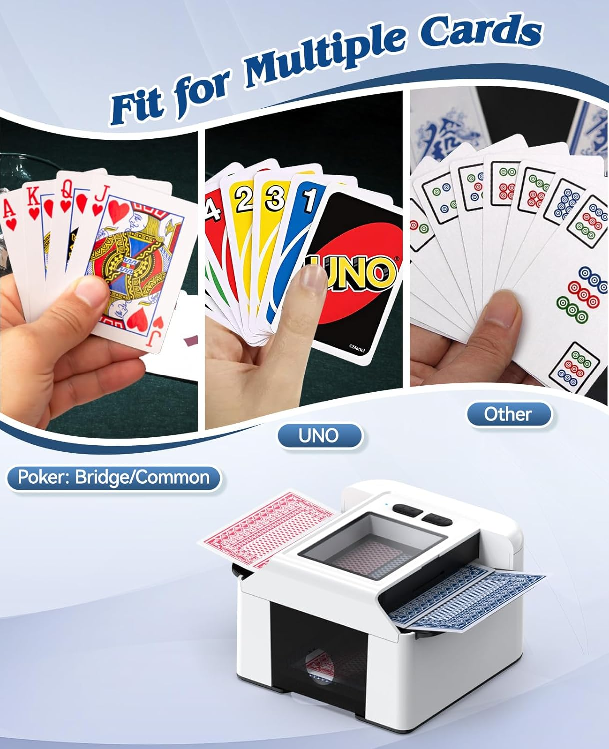 Automatic Card Shuffler 2 Decks, FISHOAKY Card Shuffler Machine 2000Mah, UNO Card Shuffler with AUTO & Manual Mode, Portable Shuffler for Poker, UNO, Blackjack, Card Games image number 3