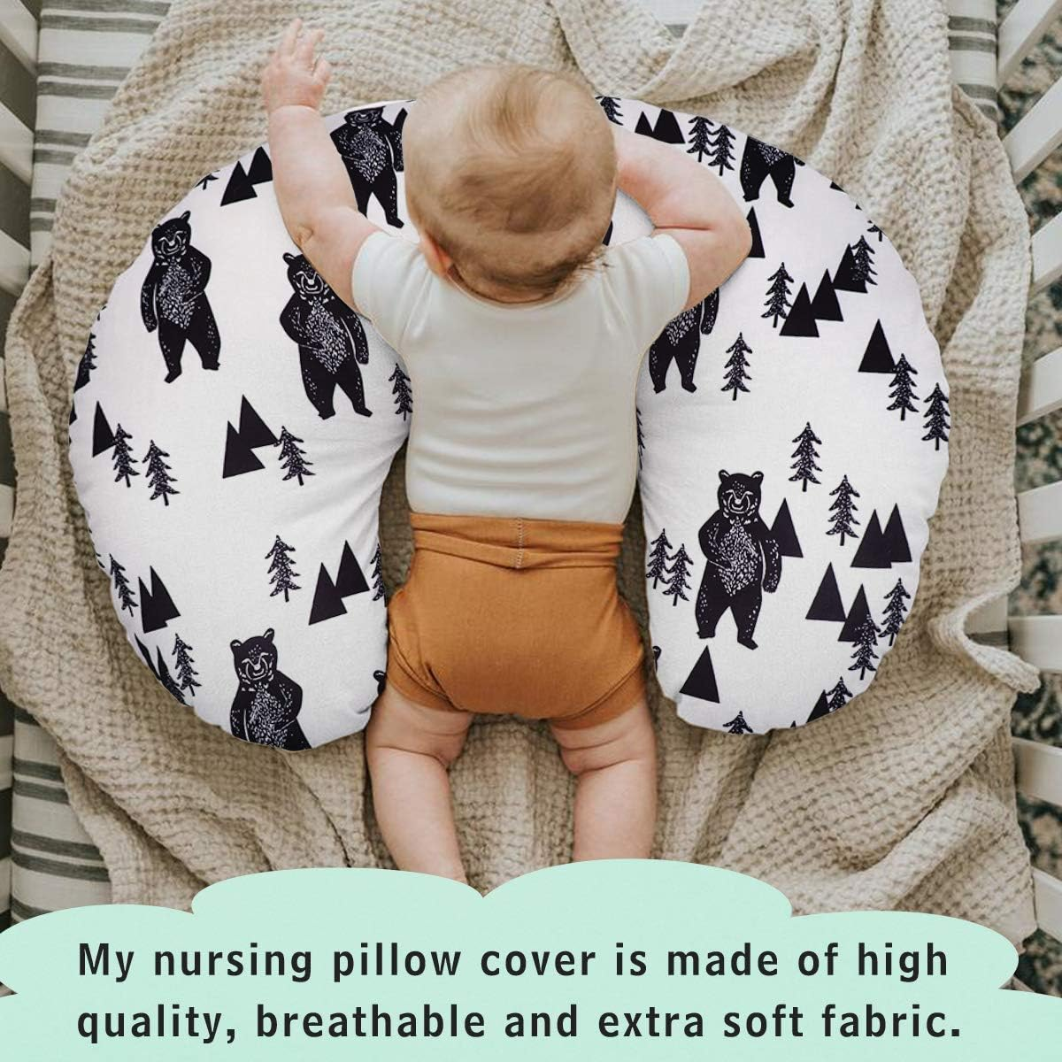 TANOFAR Bear Nursing Pillow Cover, Breastfeeding Pillow Slipcover for Baby Boys & Girls, Nursing Pillow Case for Newborn, Soft Fabric Fits Snug on Infant, Washable & Breathable, Black & White Animal image number 6