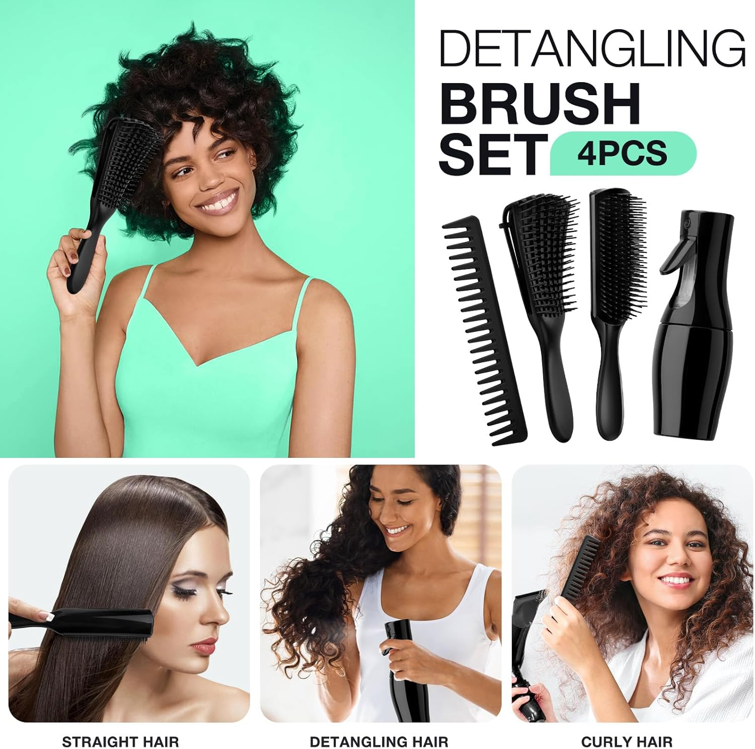 Hommtina 4Pcs Detangling Brush Set Getting Shine and Makes Hair Smooth, Curly Hair Brush for Adult & Kids Wet or Dry Hair (3 PCS, Black+Black) - Black+Red image number 5