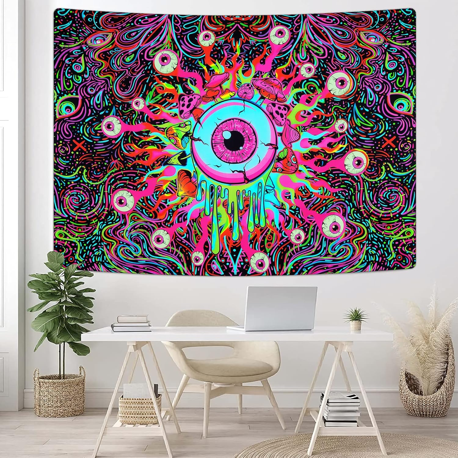 Boniboni Blacklight Mushroom Tapestry UV Eyes Tapestry Colorful Neon Tapestries Glow in the Dark Aesthetic Tapestry Wall Hanging for Bedroom, Room(51.2 X 59.1 Inches) image number 2