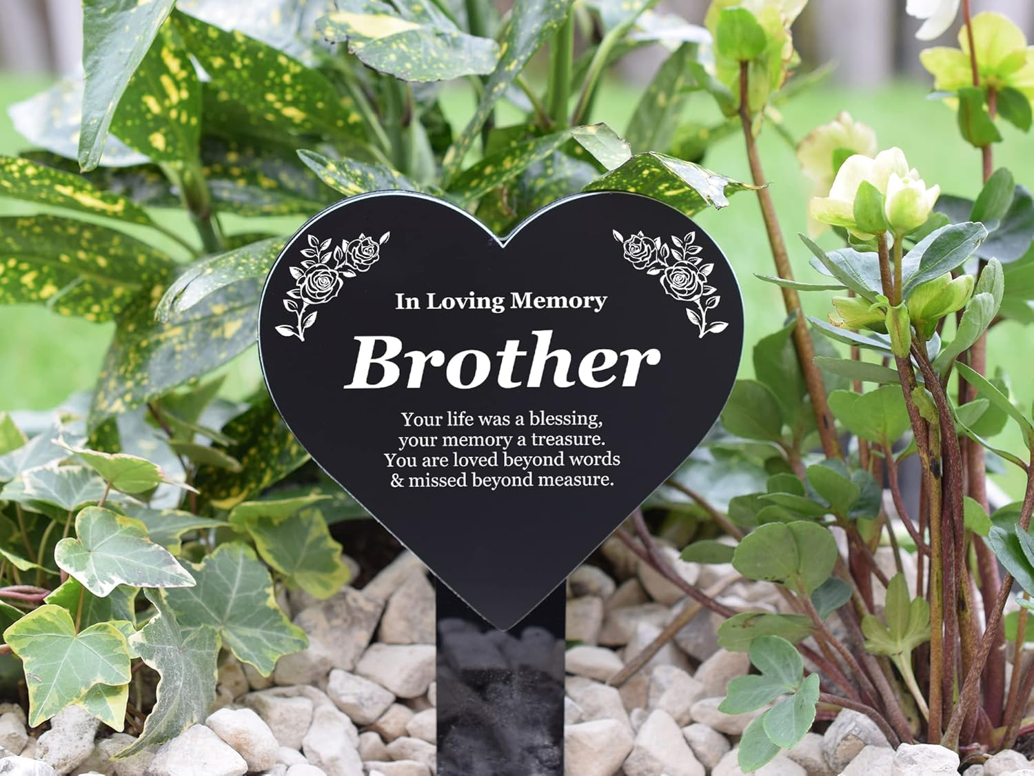 Origindesigned Brother Heart Shaped Memorial Plaque with Stake - Black & White image number 4