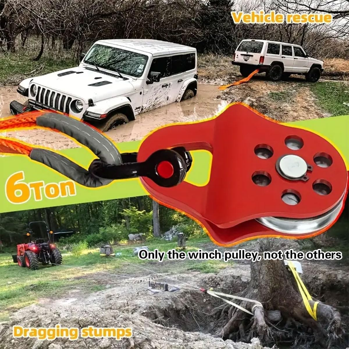 AIMALL Heavy Duty Winch Pulley Block &ndash; 6 Ton 13,000Lbs Snatch Block Tow Hook Accessory for Off-Road Recovery, Synthetic & Steel Cable Compatible, Steel Construction - Red image number 6