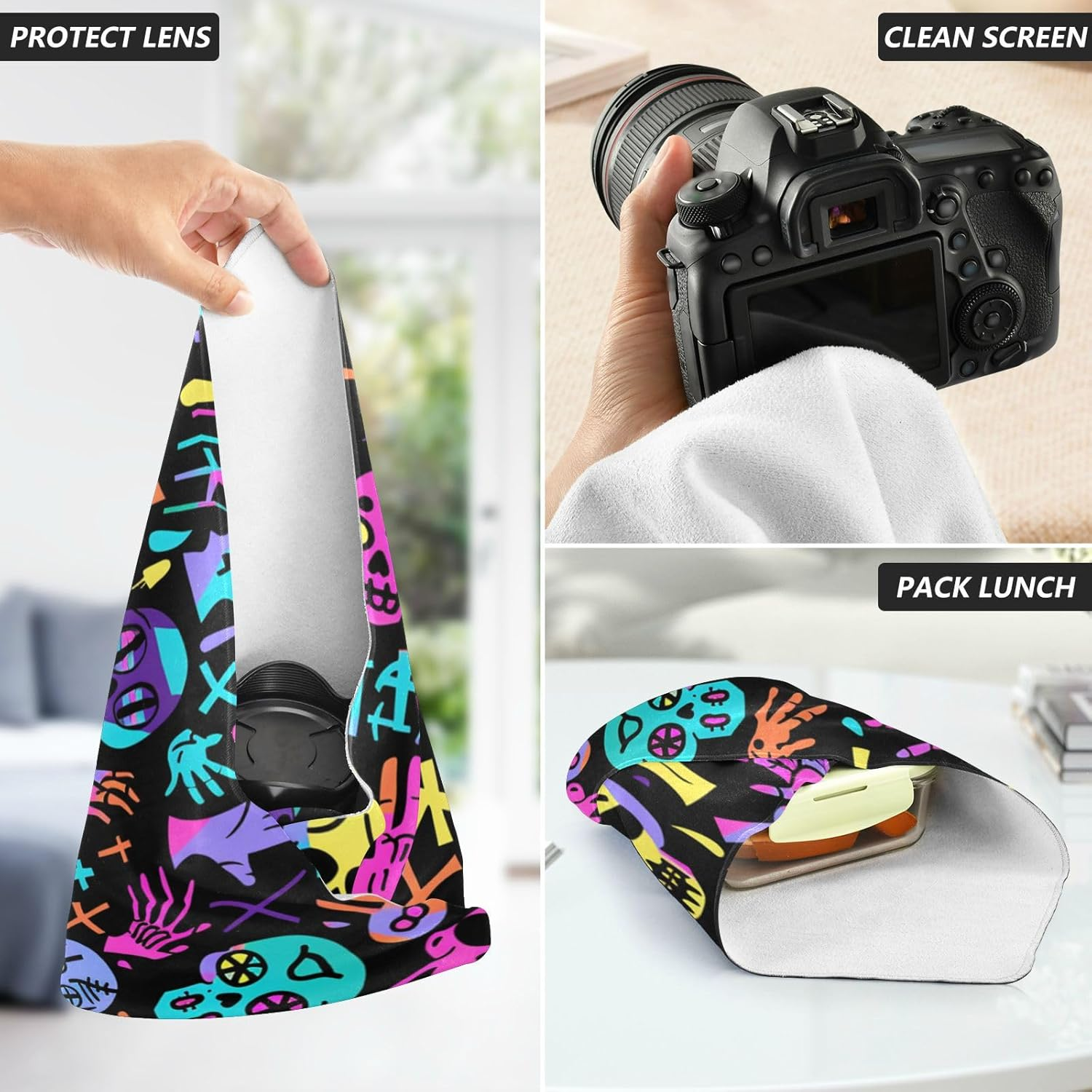 Guoche Magic Self-Adhesive Cosmetic Pouchs Cloth Funny Colorful Skeletons Skulls Doodle Black Organizer Wrap Camera Lens Cloth Wrapper Makeup for Women 21.7 X 21.7, Funny Colorful Skeletons Skulls image number 4