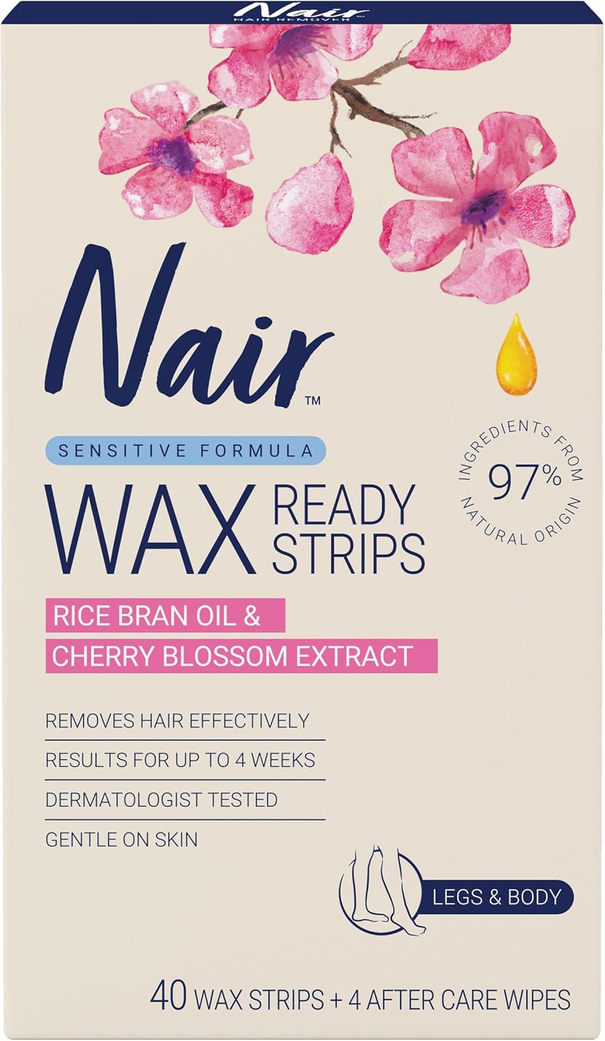 Nair Sensitive Large Hair Remover Wax Strips &ndash; for Sensitive Skin, Legs, Underarms and Bikini Area &ndash; No Need to Rub, Ready to Use &ndash; Natural Derived Formula - 40 Wax Strips 4 after Care Wipes image number 4