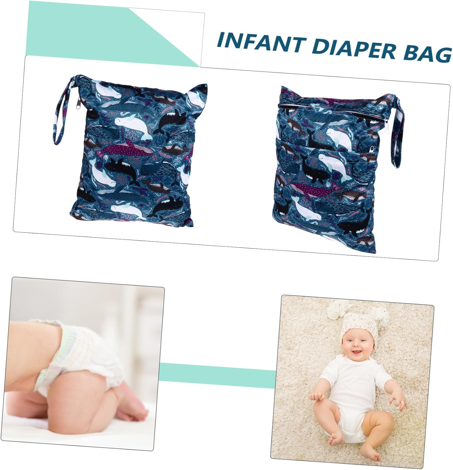 Reusable Baby Diaper Bag Wet Dry Bag Double Zipper Waterproof Printed Cloth Storage for Travel Pool Daycare, Whale Pattern
