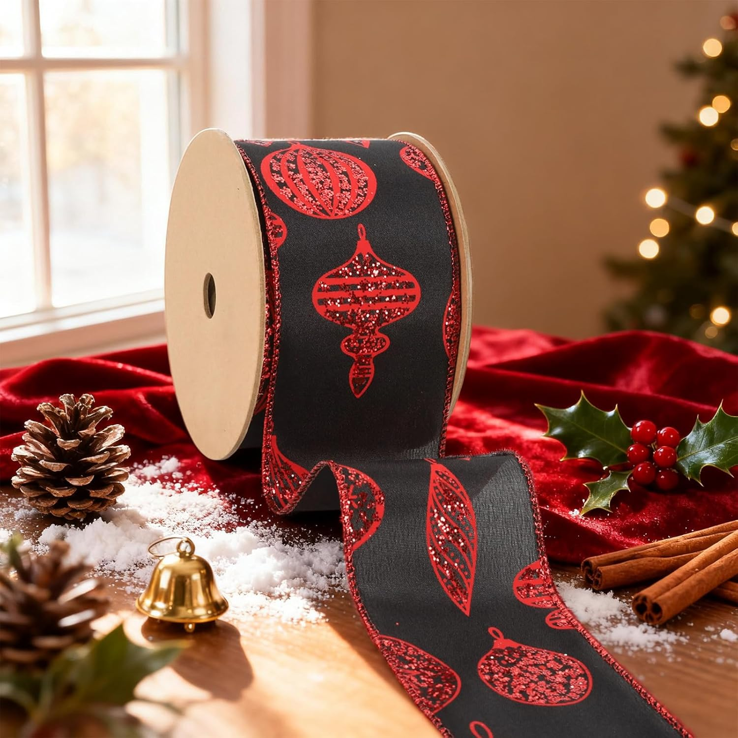 Black and Red Glitter Ornament Wired Ribbon, 10 Yards 2.5 Inch Wide Christmas Ribbon for Tree, Gift Wrapping, Wreaths, Bows, Holiday Decoration image number 5