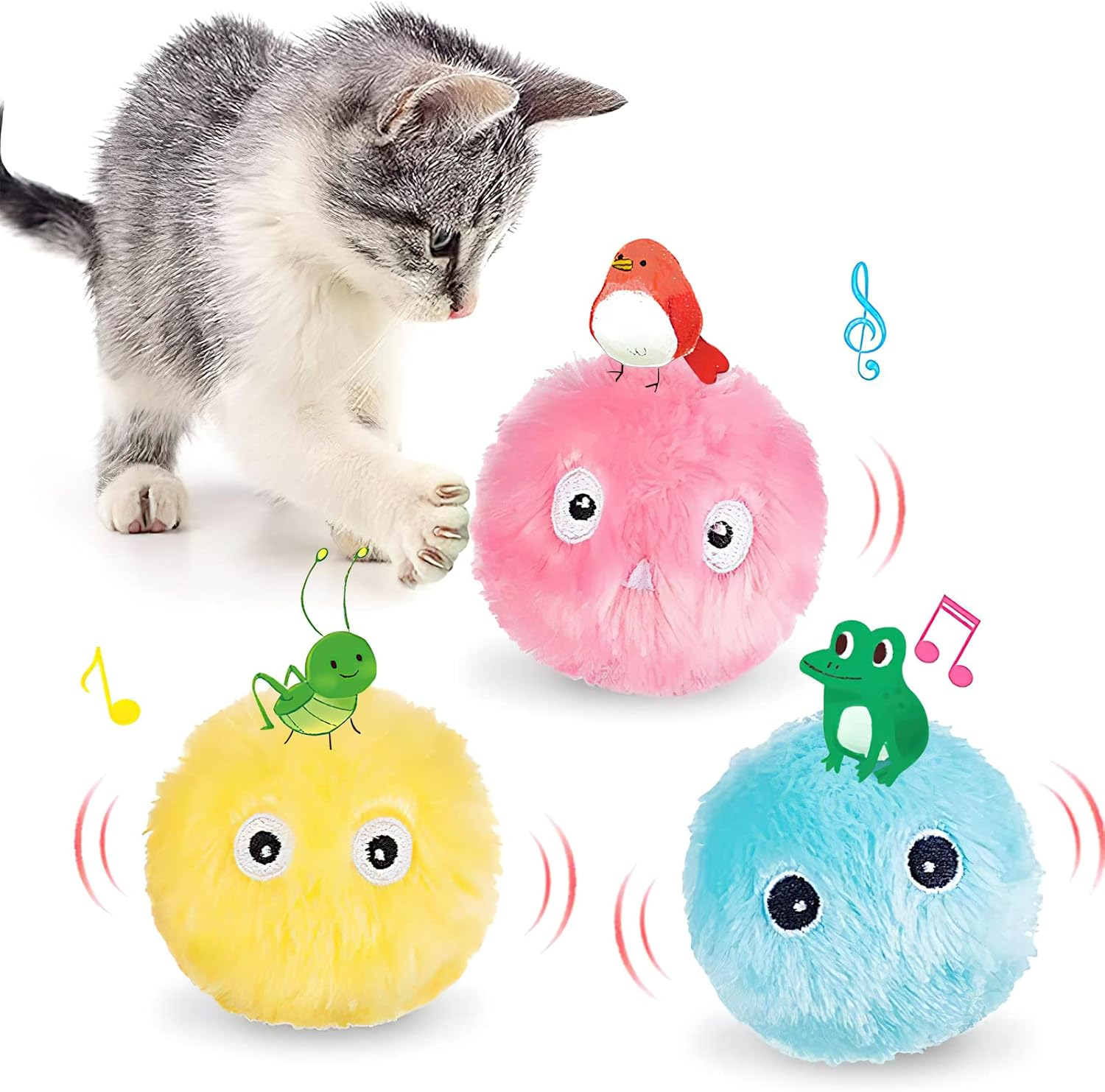 HENGBIRD Pack of 3 Cat Balls Interactive Cat Toy Ball with Sound Kitten Toy Plush Balls Cat Toy Balls with Lifelike Animal Sounds for Indoor Kittens Kitty Puppy image number 3