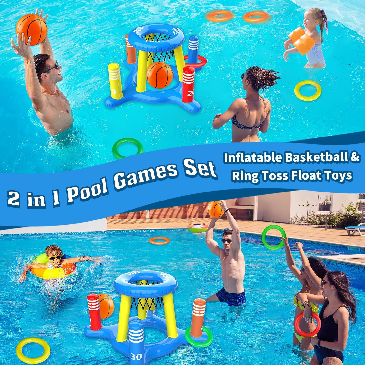 2-In-1 Pool Floats Toys Games Set, Inflatable Pool Basketball Hoop & Ring Toss Game, Summer Party Swimming Pool Toy for Toddler Kids Adults Family, Outdoor Poolside Water Toys for Boys Girls image number 6